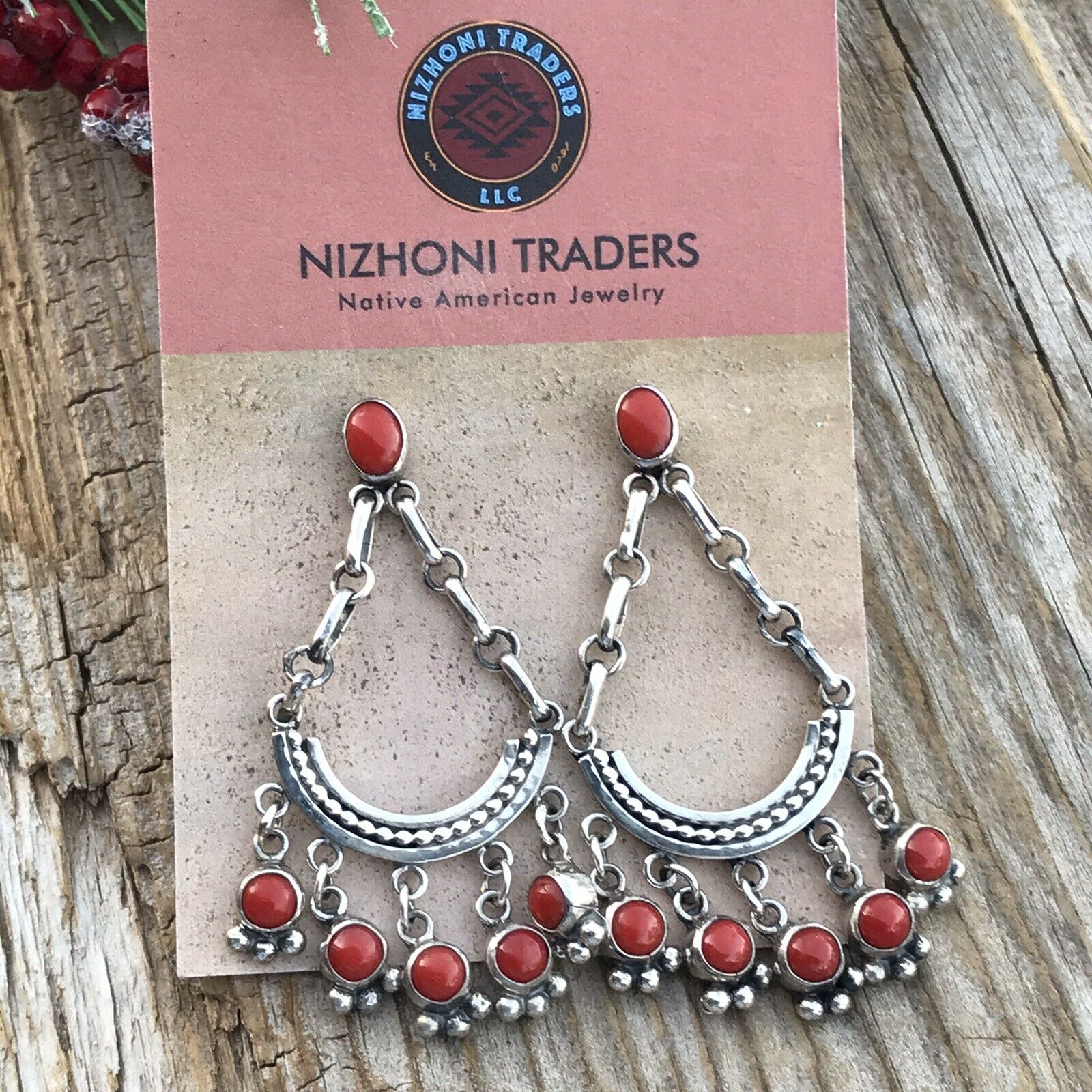 Navajo Natural Red Coral Sterling Silver Chandelier Style Dangle Earrings