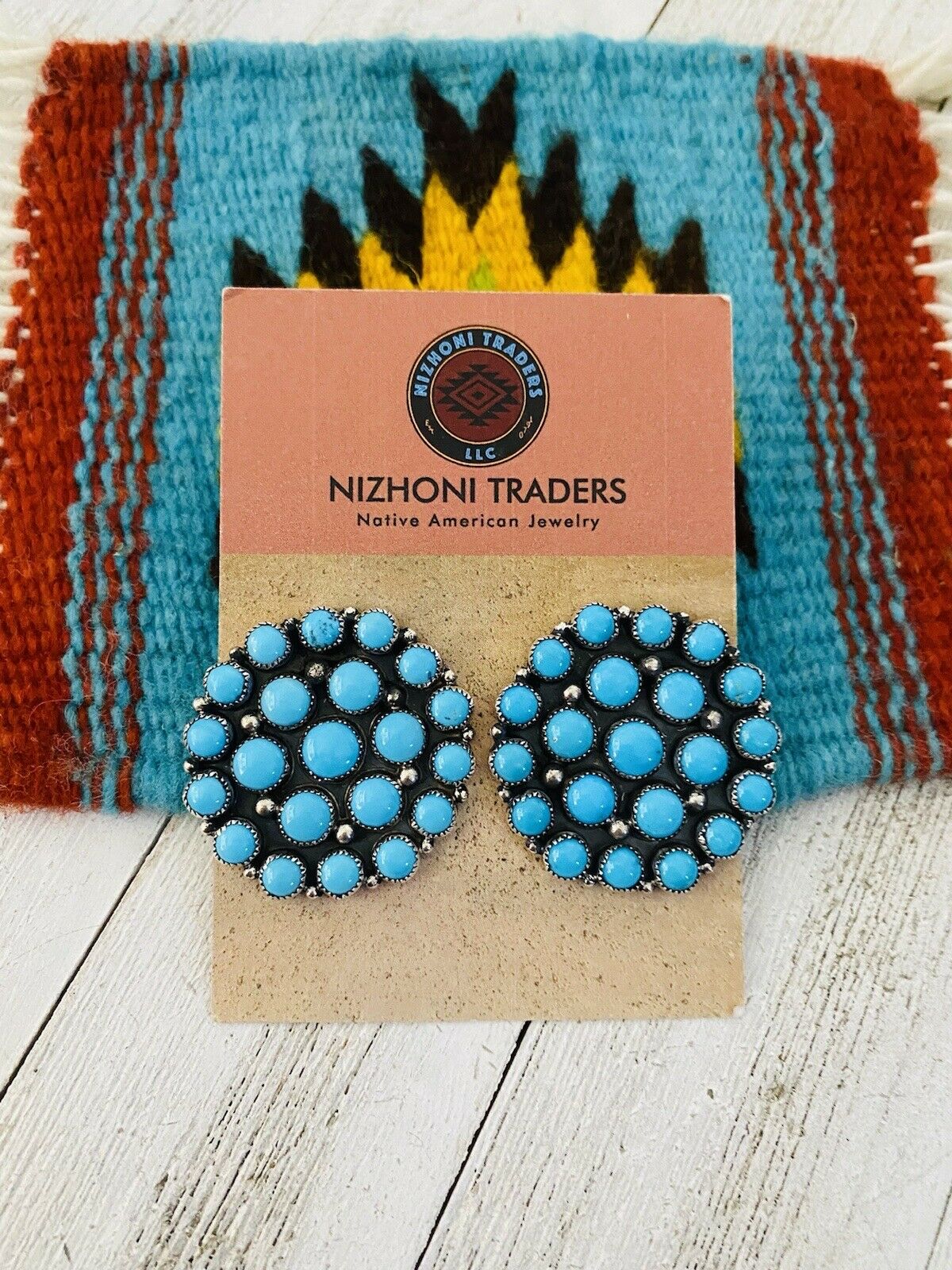 Navajo Sleeping Beauty Turquoise & Sterling Silver Cluster Stud Earrings Signed