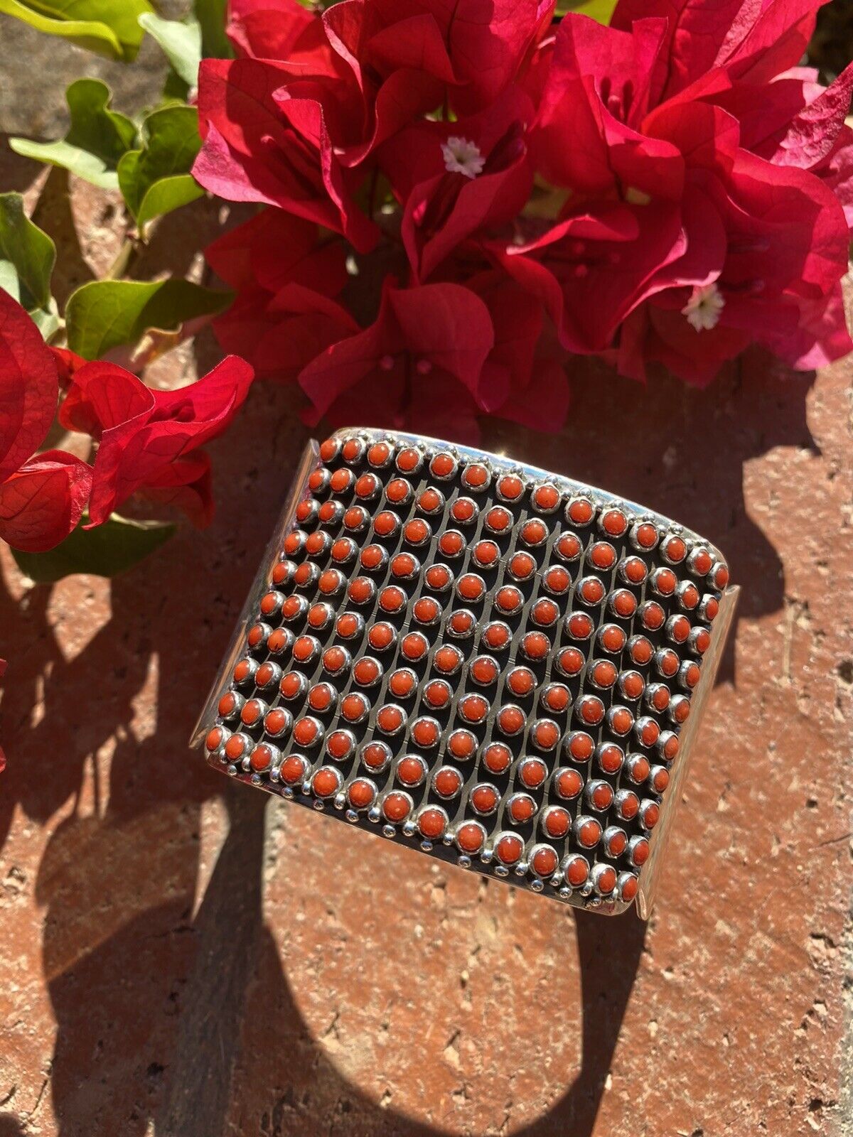 Navajo Natural Coral & Sterling Silver Cuff Bracelet By Paul Livingston