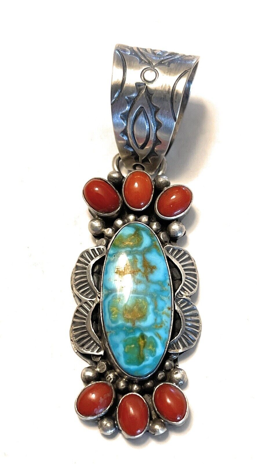 Navajo Sterling Kingman Web Turquoise & Red Coral Pendant Taos Collection