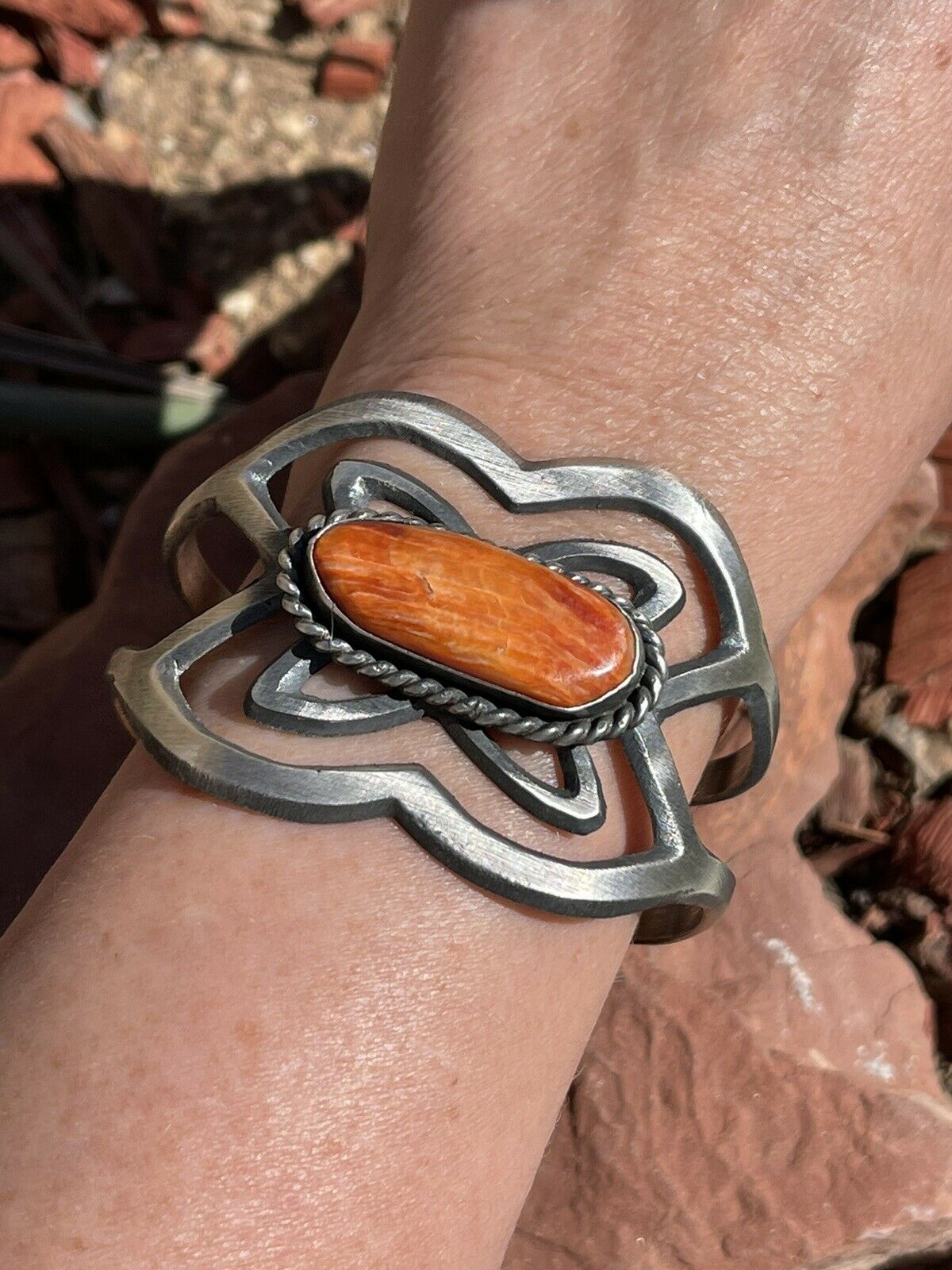 Navajo Orange Spiny & Sterling Silver Cuff Bracelet By Chimney Butte Signed