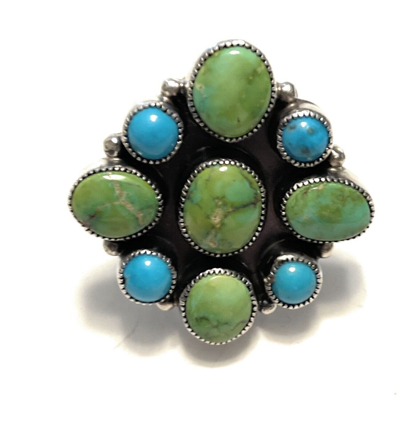 Navajo Sterling Sonoran Gold And Golden Hills Turquoise Cluster Ring Size 7