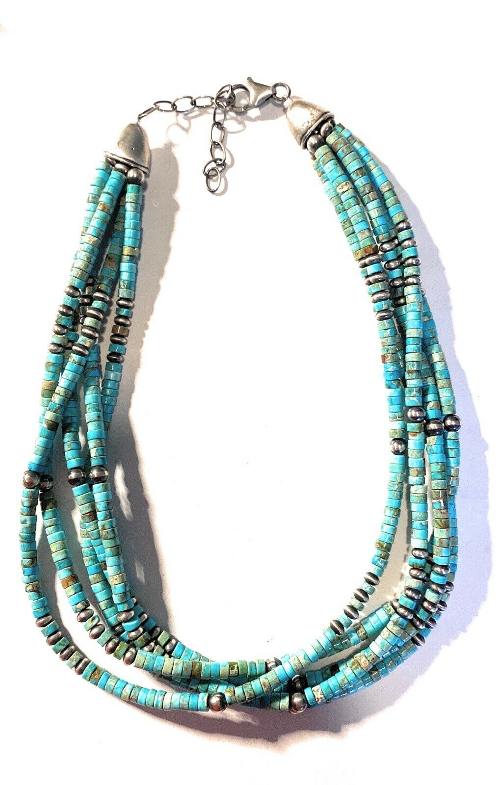 Navajo Turquoise & Sterling Silver Beaded 5 Strand Beaded Necklace