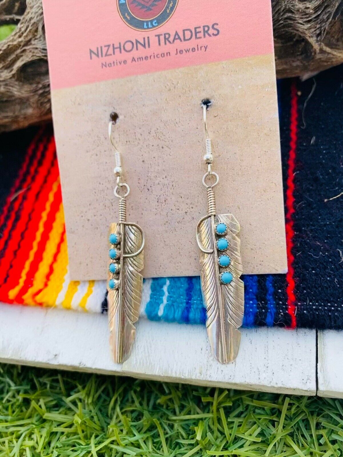 Navajo Turquoise & Sterling Silver Feather Dangle Earrings