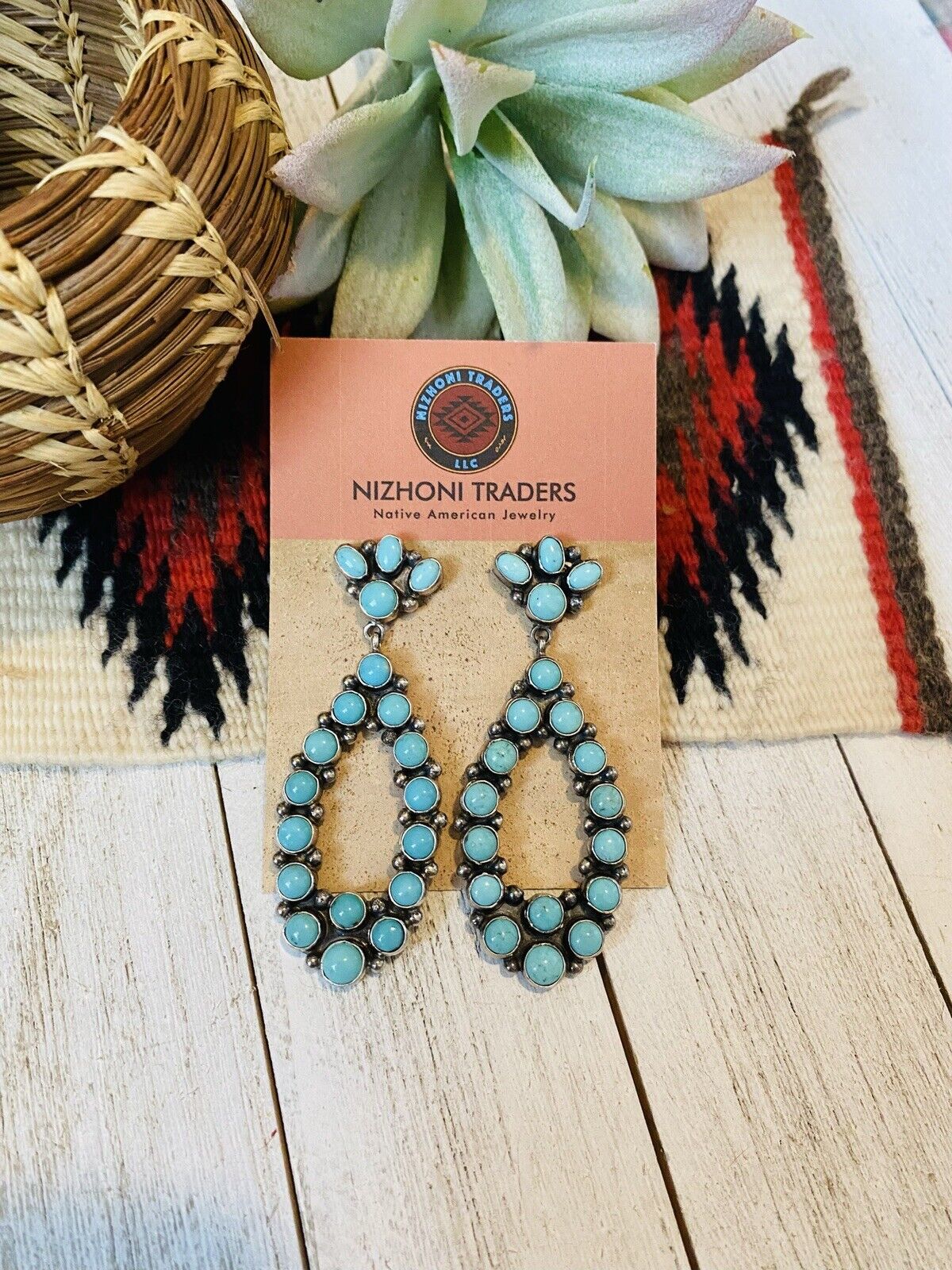 Navajo Carico Lake Turquoise & Sterling Silver Cluster Dangle Earrings Signed