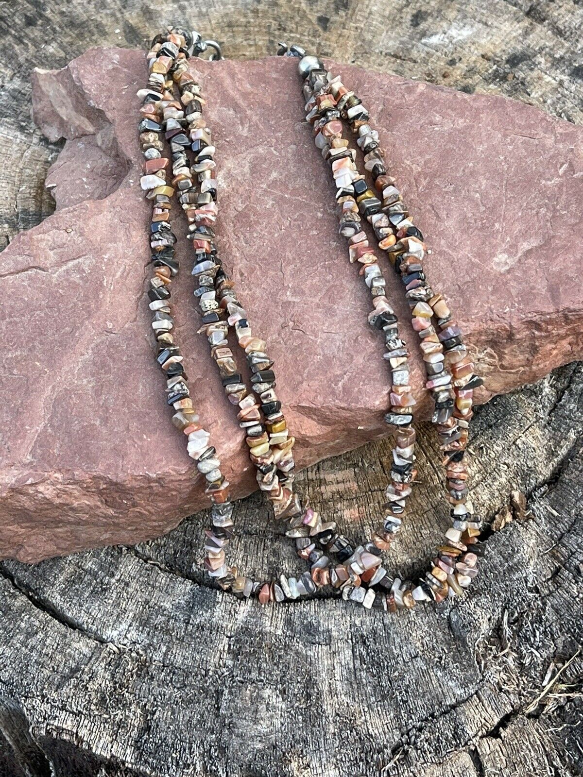 Navajo Sterling Silver Multi Jasper Chip Triple Strand Necklace