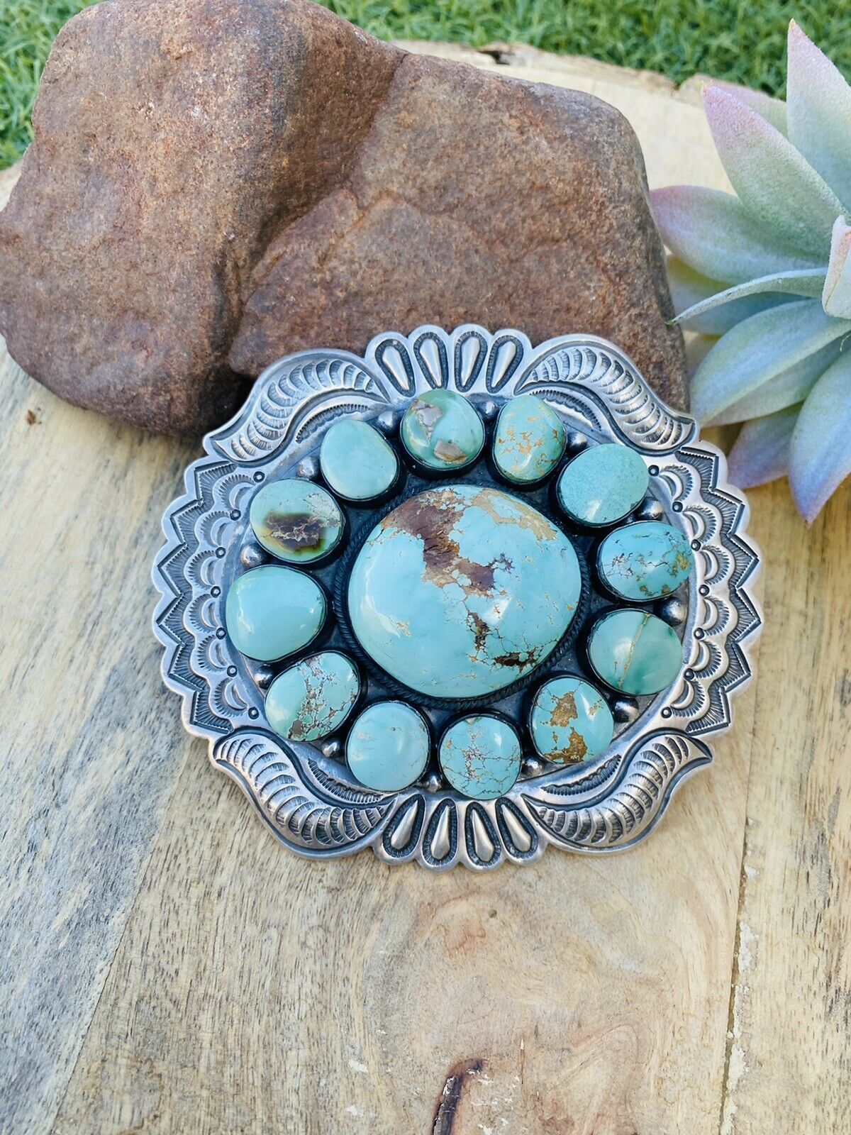Vintage Navajo Signed Turquoise Belt Buckle Item #960M- Large Vintage Navajo Turquoise and Coral  main image 2