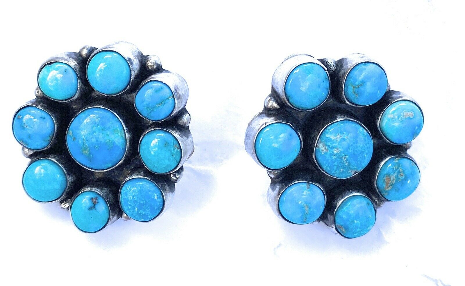 Navajo Sterling Silver & Turquoise Cluster Stud Earrings By Ella Peter