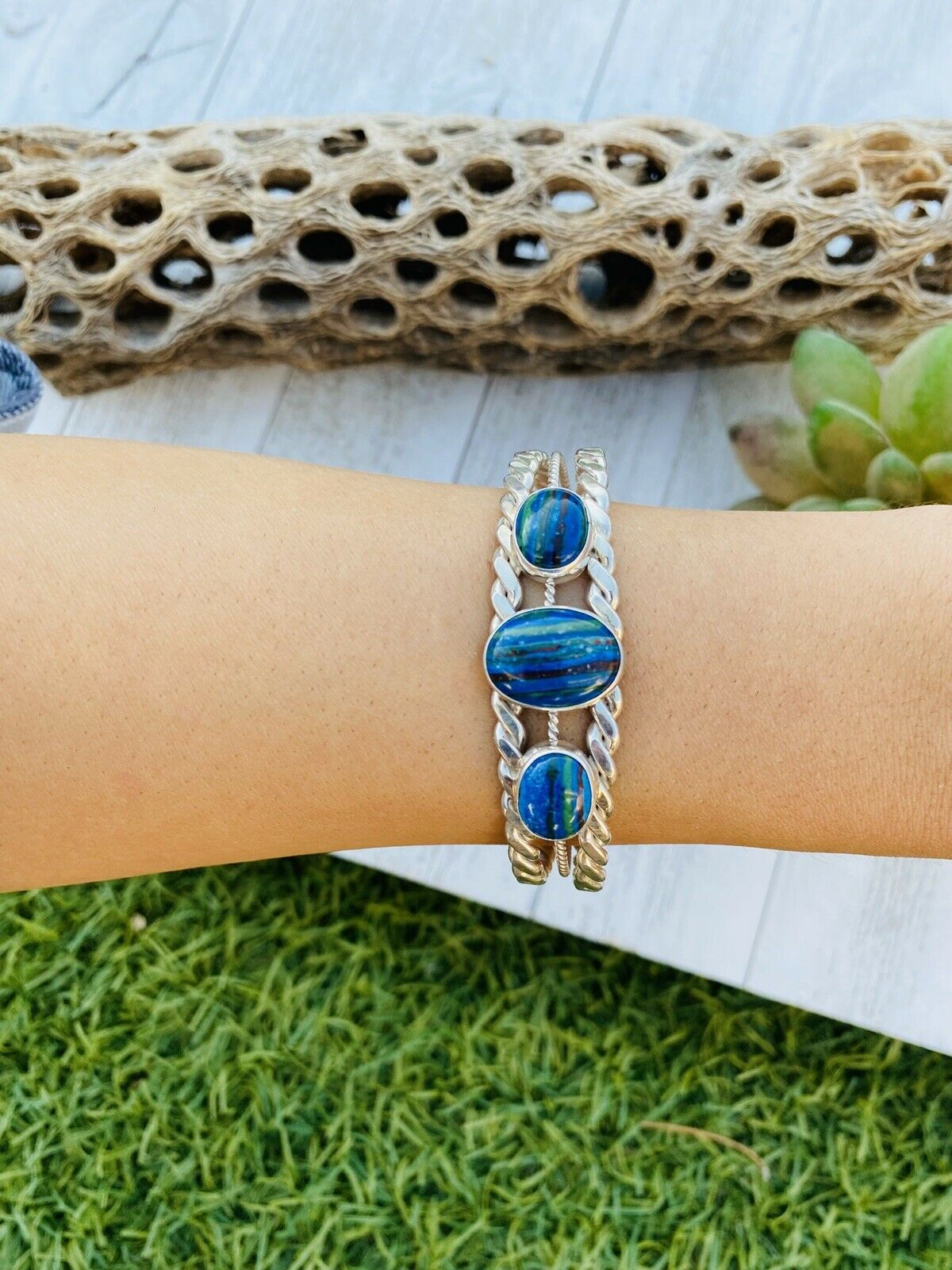 Unique Navajo Sterling Silver & Rainbow 3 stone Cuff Bracelet