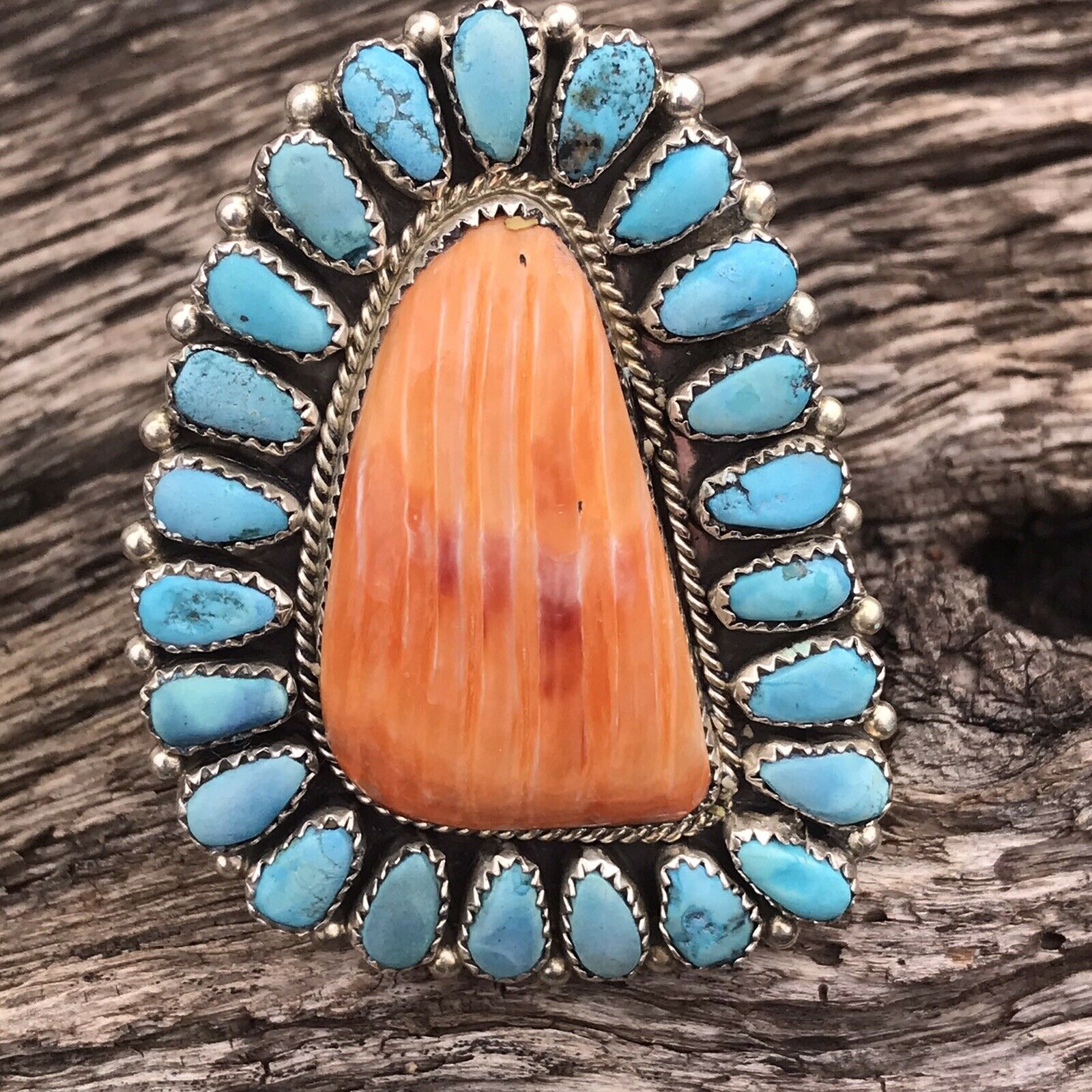 Navajo Sterling Silver, Turquoise & Orange Spiny Oyster Ring Sz 8