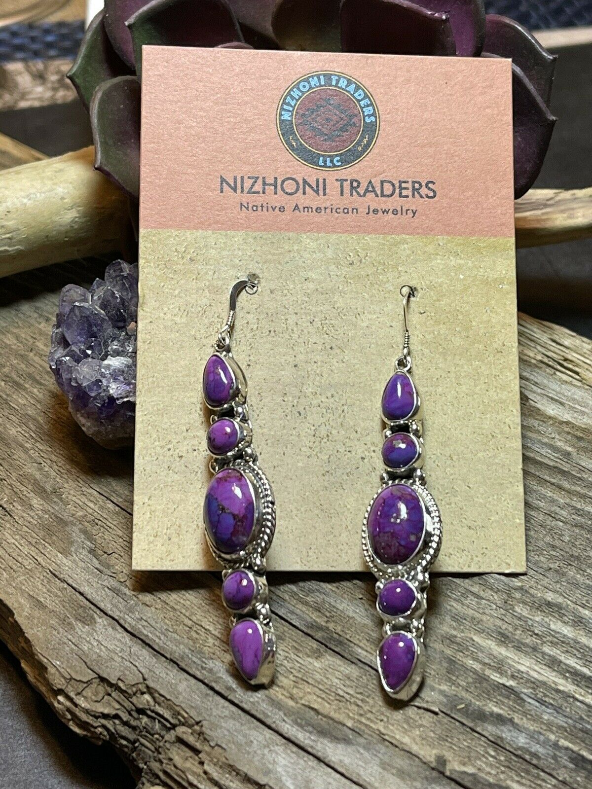 Navajo Sterling Silver Purple Mojave Dangle Fancy Earrings Signed