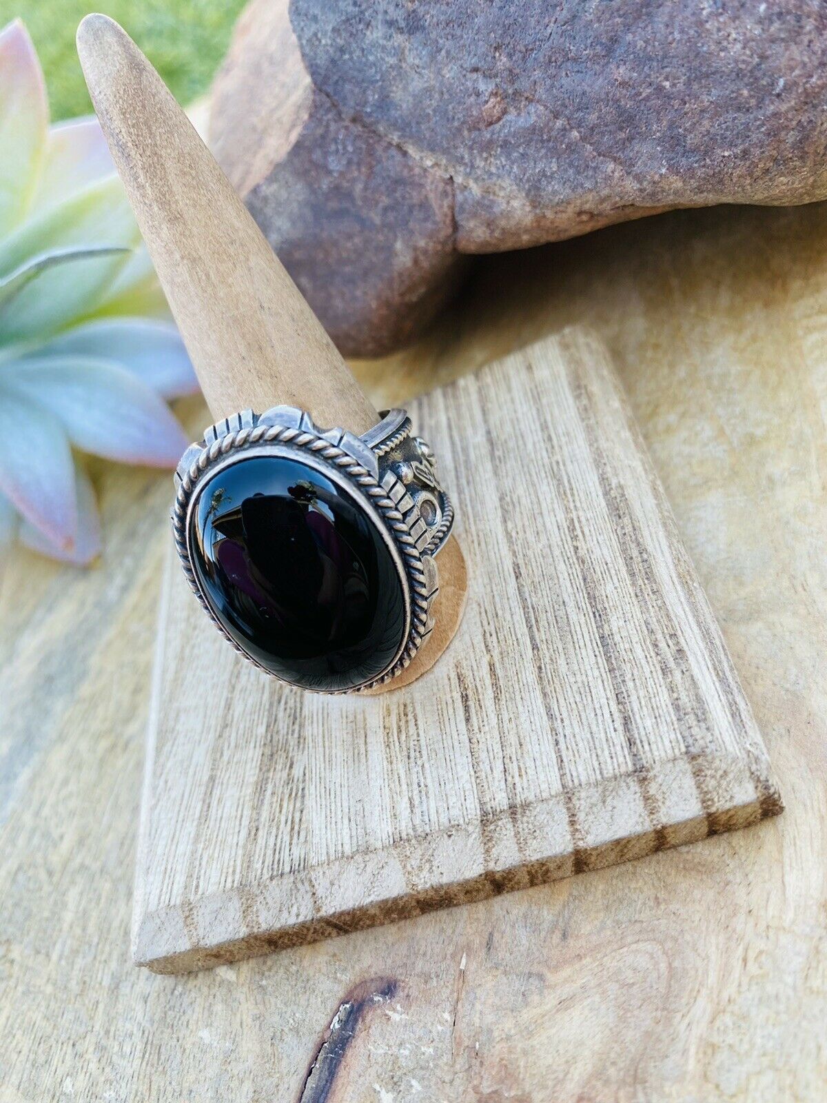 Navajo Sterling Silver & Black Onyx Ring Size 13.5 Signed