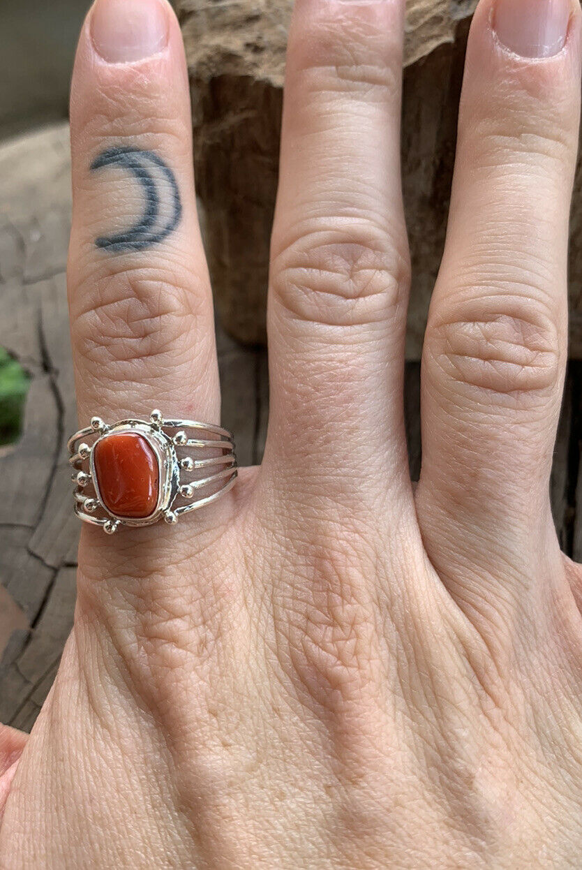 Navajo Natural Coral & Sterling Silver Ring