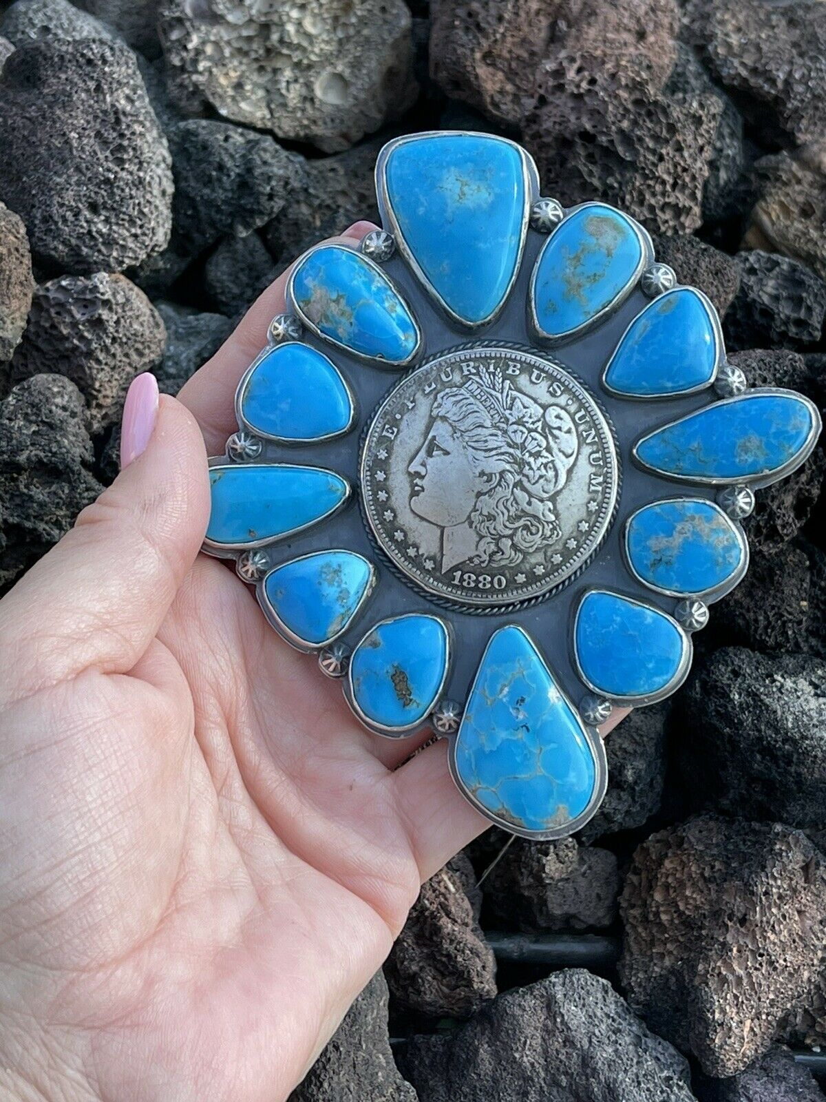 Gorgeous Navajo Sterling Silver Coin & Kingman Turquoise Adjustable Ring