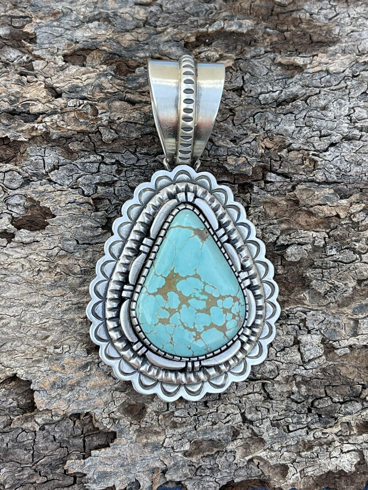 Navajo Number 8  Turquoise & Sterling Silver Jumbo Pendant Signed