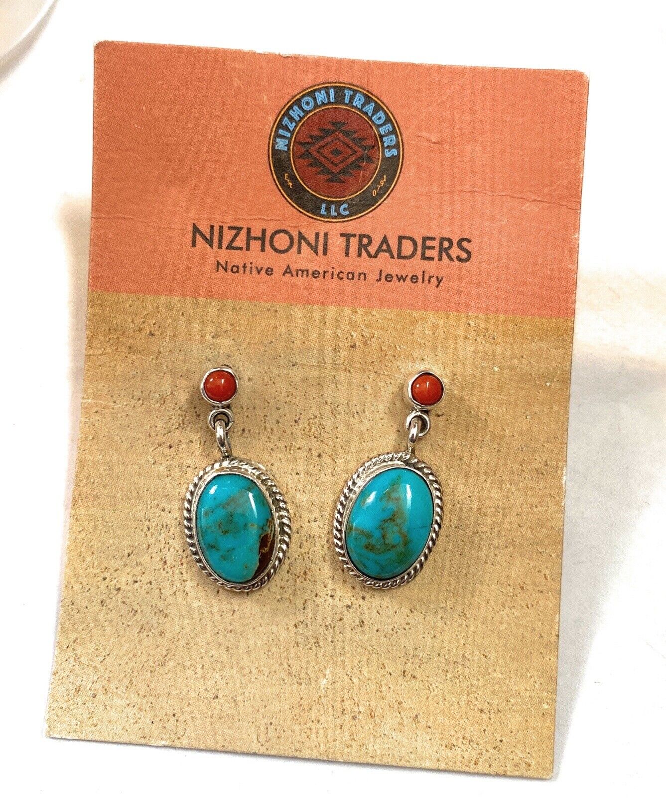 Navajo Turquoise, Coral & Sterling Silver Dangle Earrings