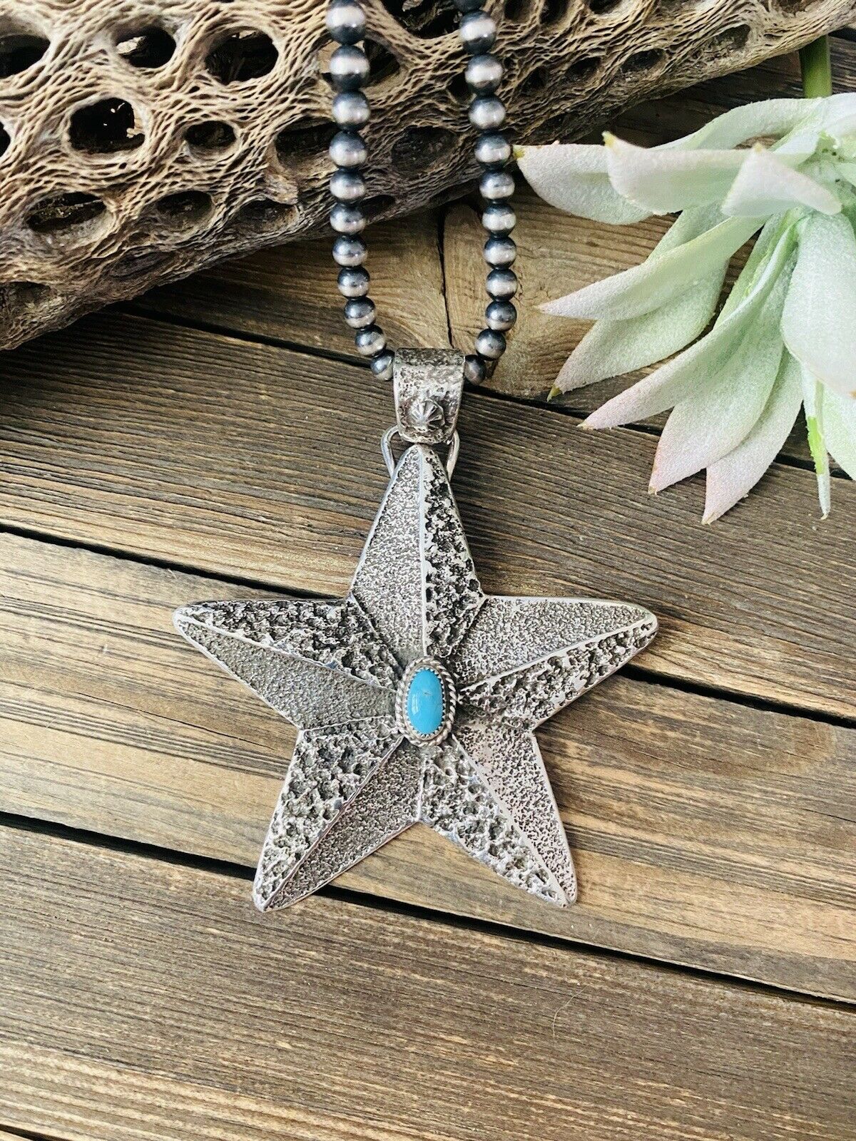 Navajo Turquoise & Sterling Silver Tufa Cast Star Pendant