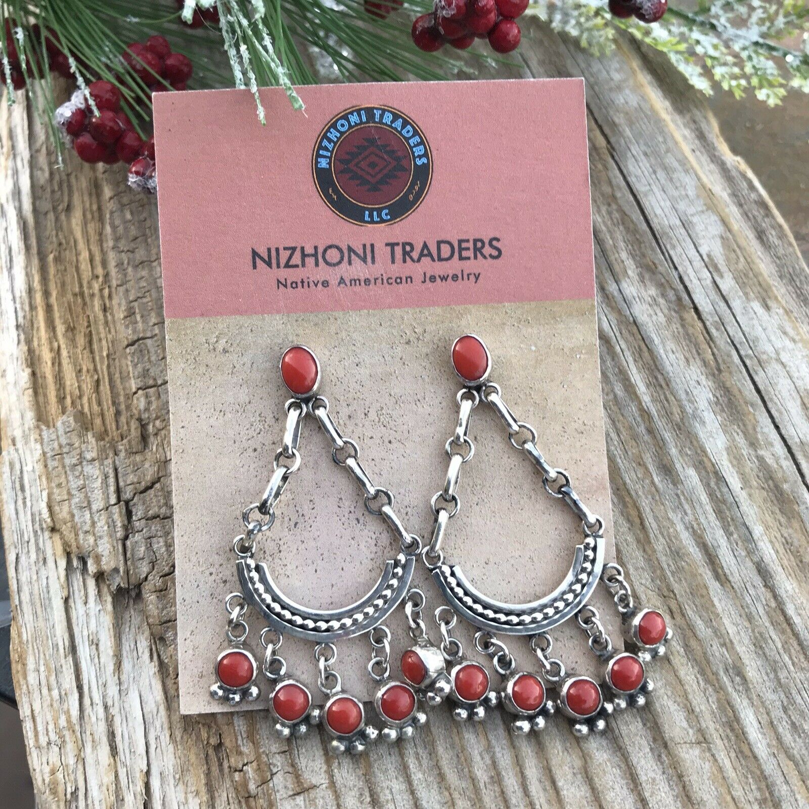 Navajo Natural Red Coral Sterling Silver Chandelier Style Dangle Earrings