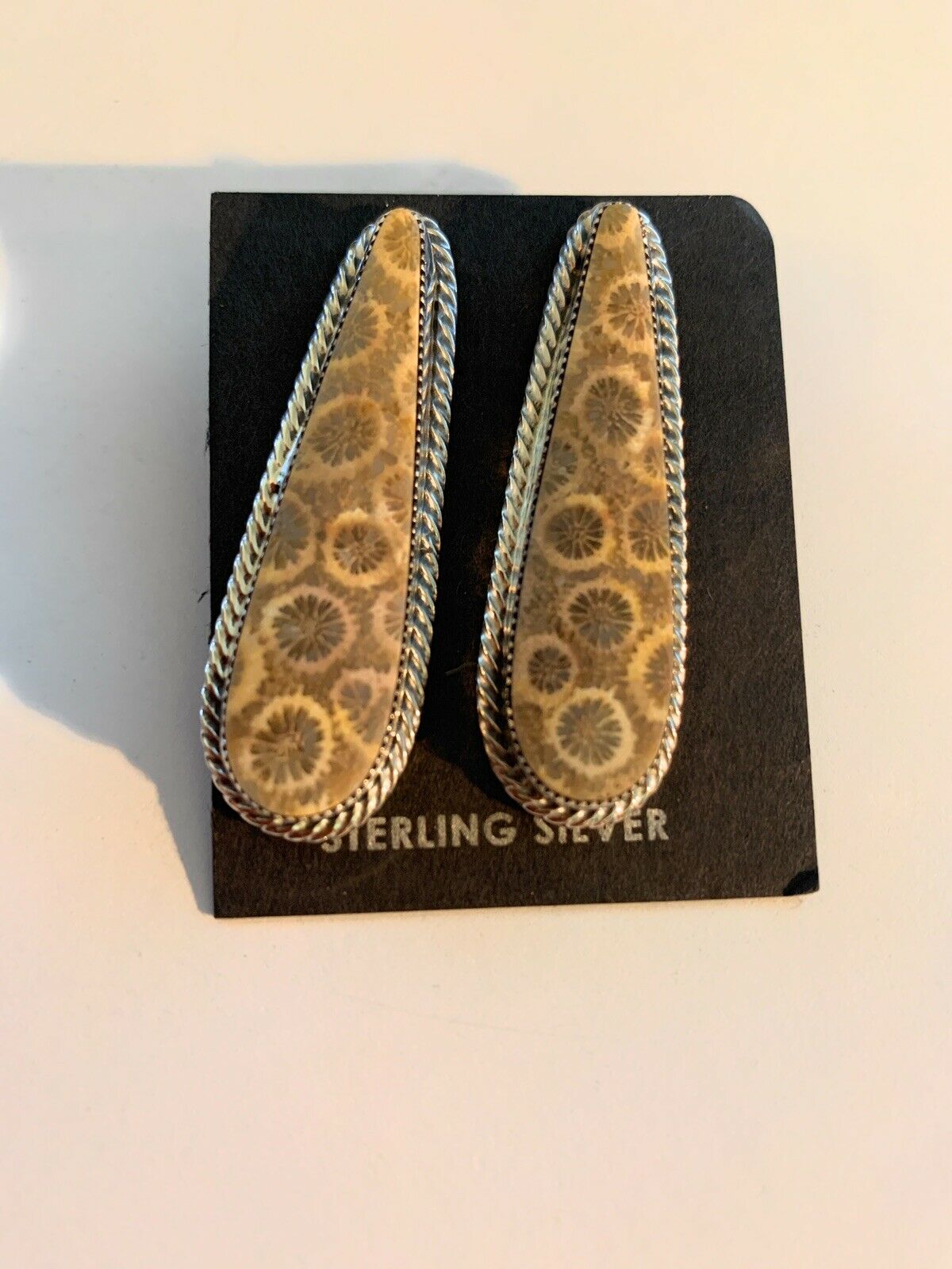 Navajo Fossilized Coral & Sterling Silver Post Earrings Signed