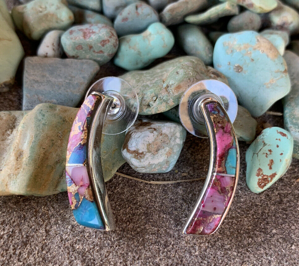 Navajo Pink Dream Mohave & Sterling Silver Crescent Stud Earrings