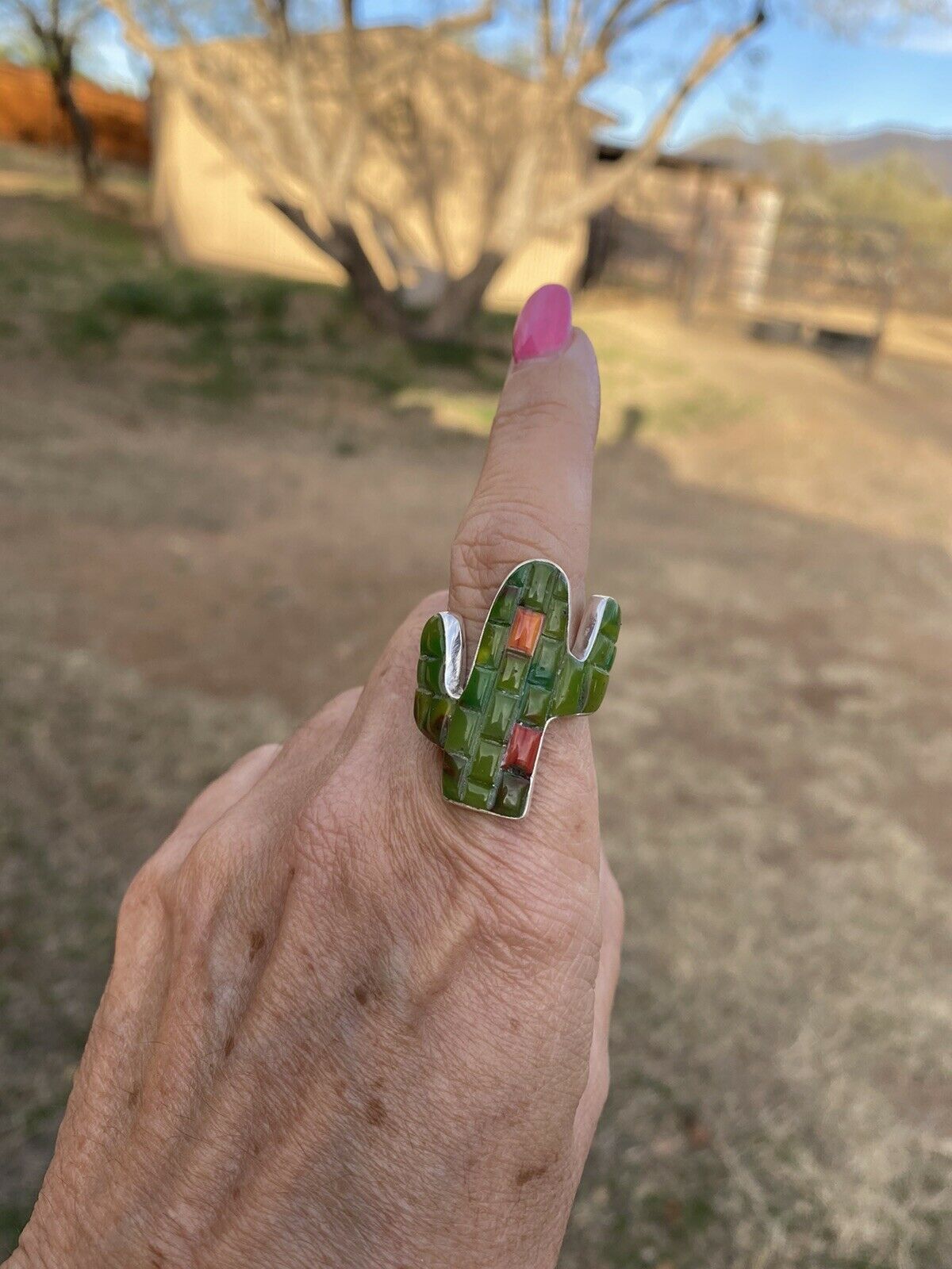 Turquoise & Spiny Sterling Silver Handmade Inlay Saguaro Ring