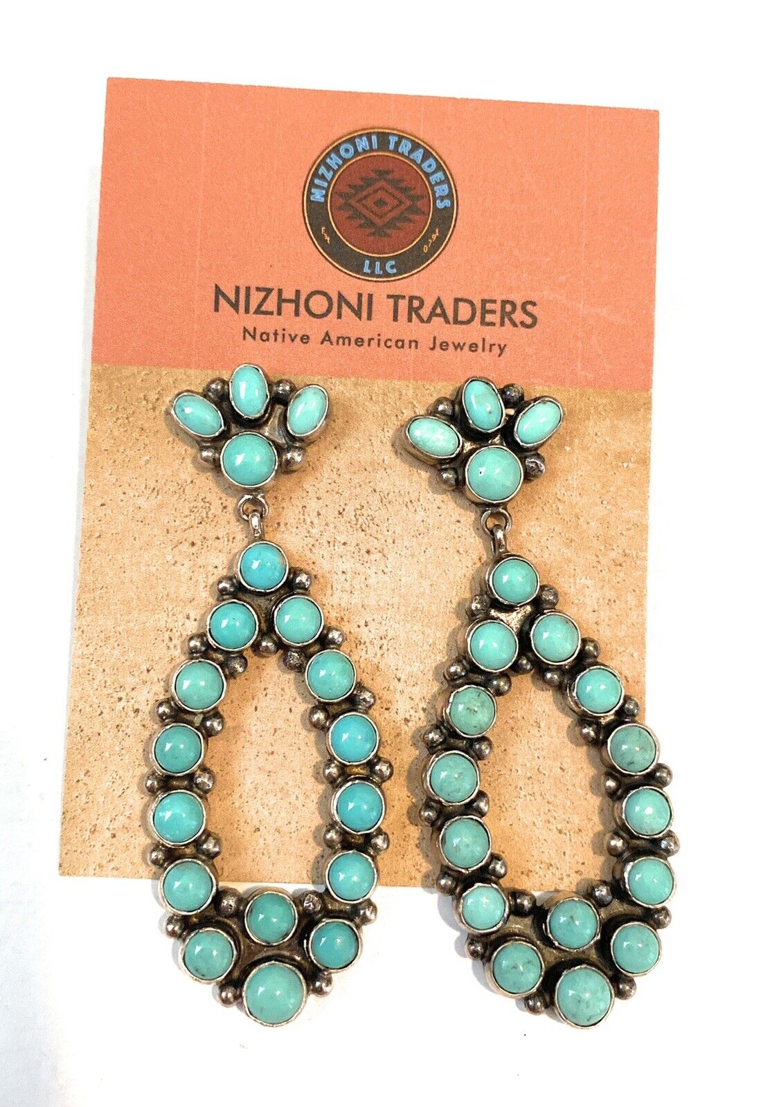 Navajo Carico Lake Turquoise & Sterling Silver Cluster Dangle Earrings Signed