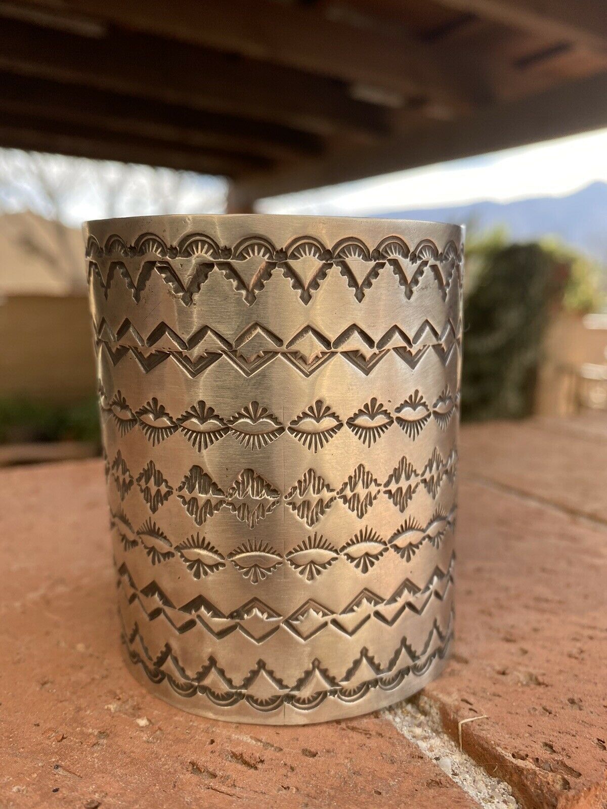 Navajo Sterling Silver Hand Stamped Statement Bracelet Cuff Signed