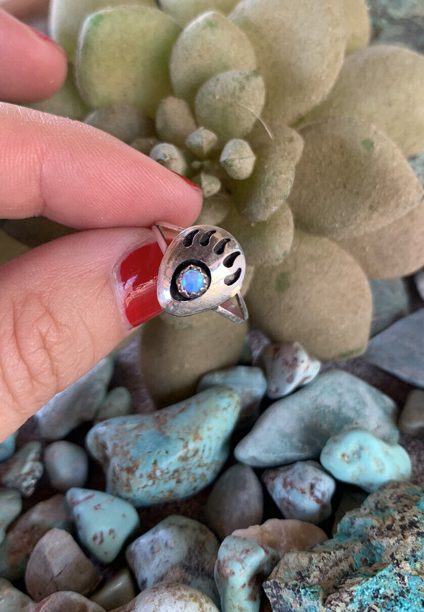 Navajo Sterling Silver Blue Opal Bear Paw Ring