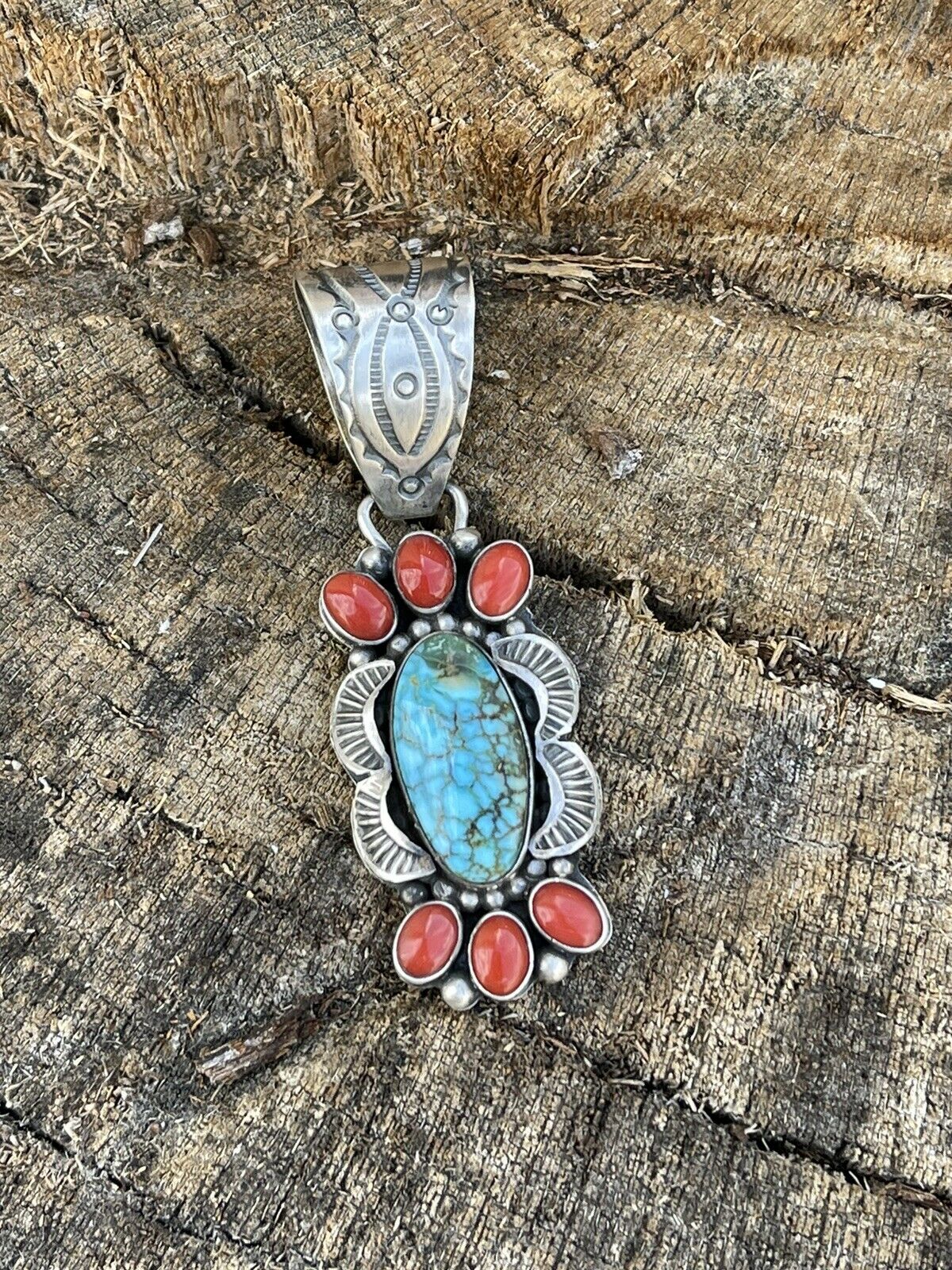 Navajo Sterling Kingman Web Turquoise & Red Coral Pendant Taos Collection