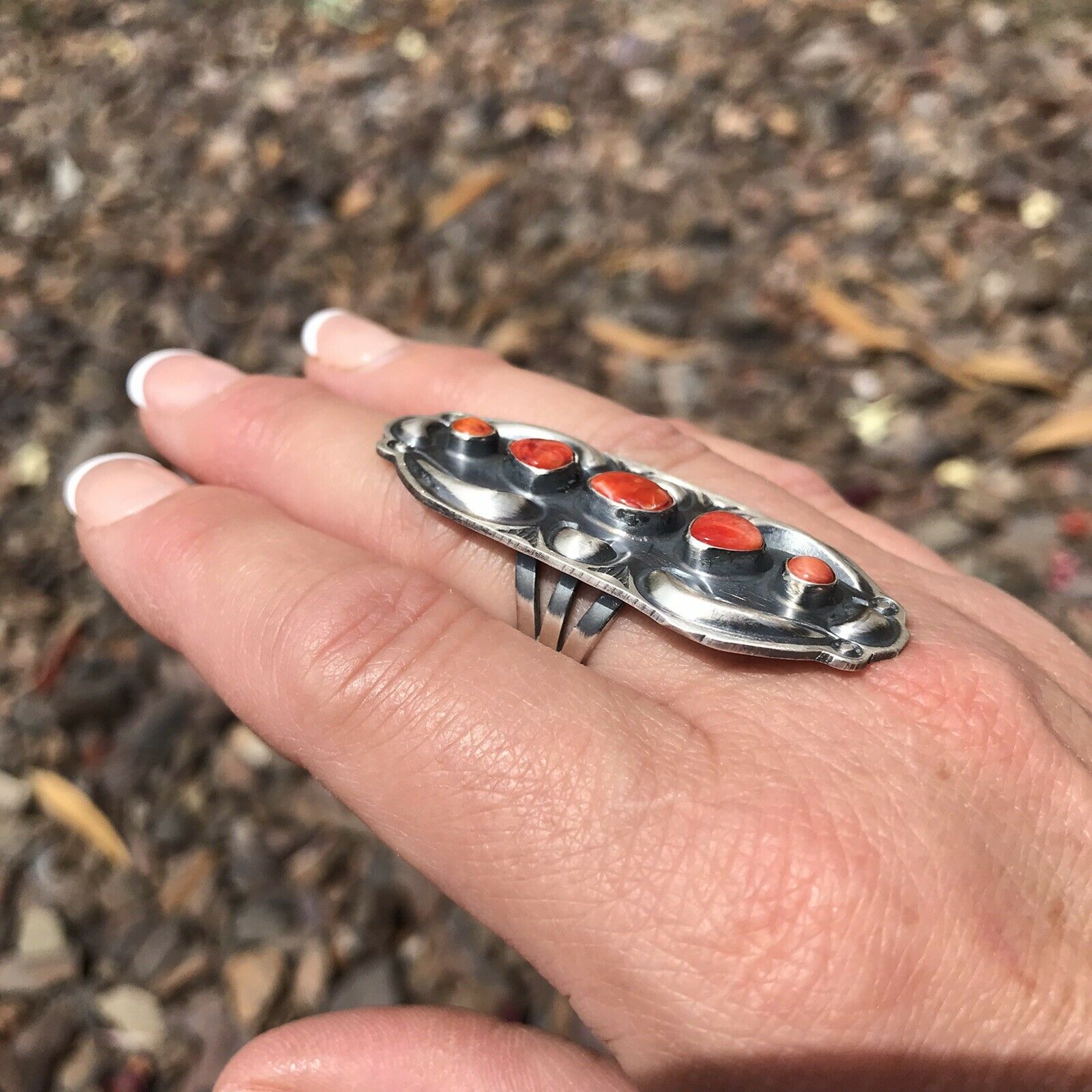 Navajo Sterling Silver Orange Spiny Oyster 5 Stone Ring