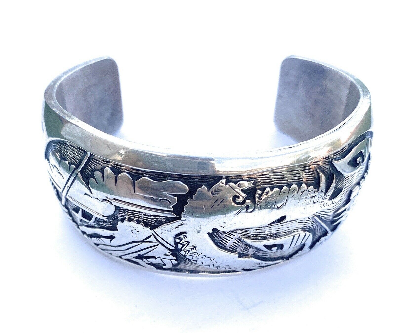 Vintage Navajo Sterling Silver Story Teller Cuff Bracelet