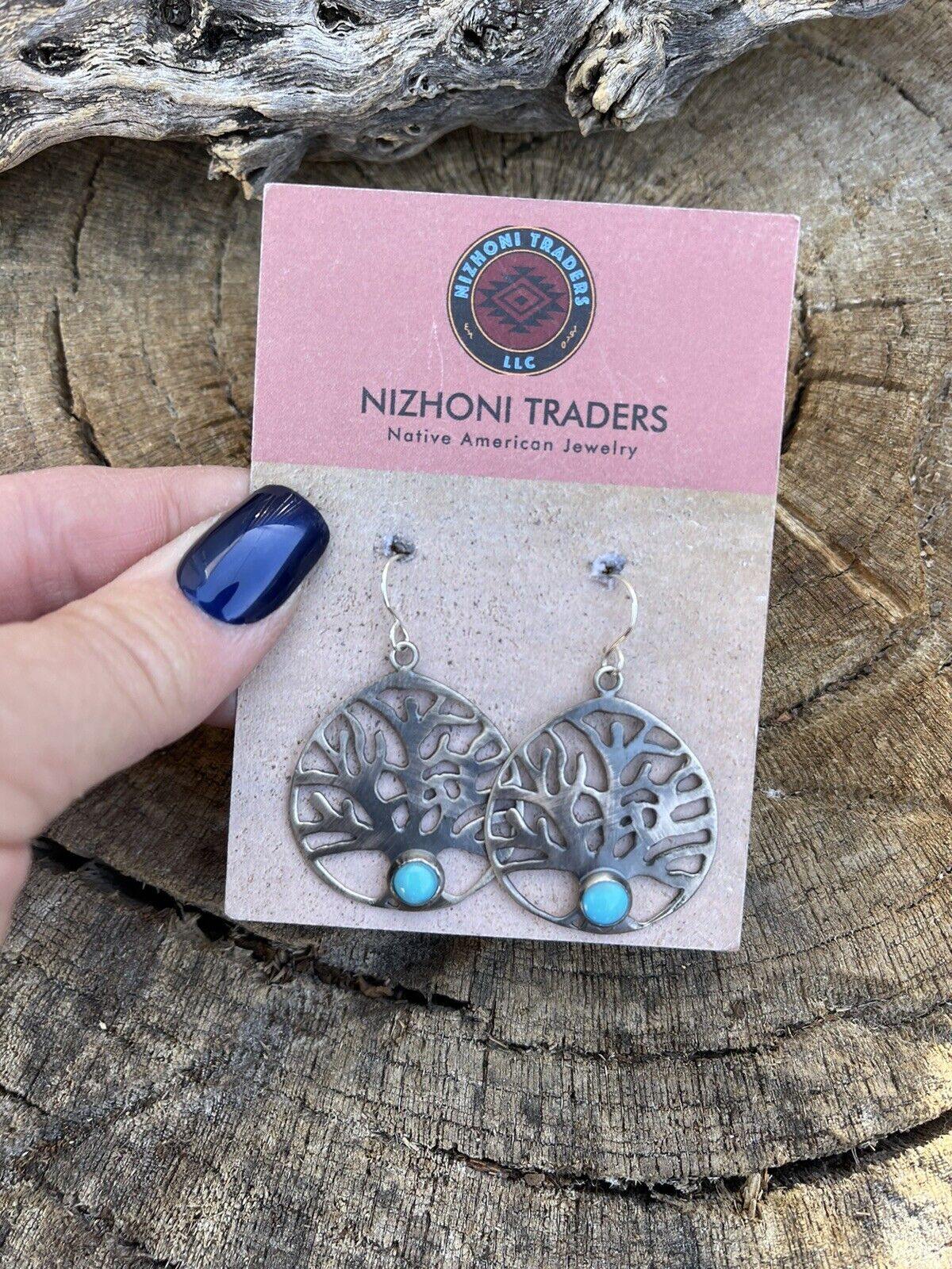 Navajo Sterling Silver Turquoise Tree Of Life Dangle Earrings