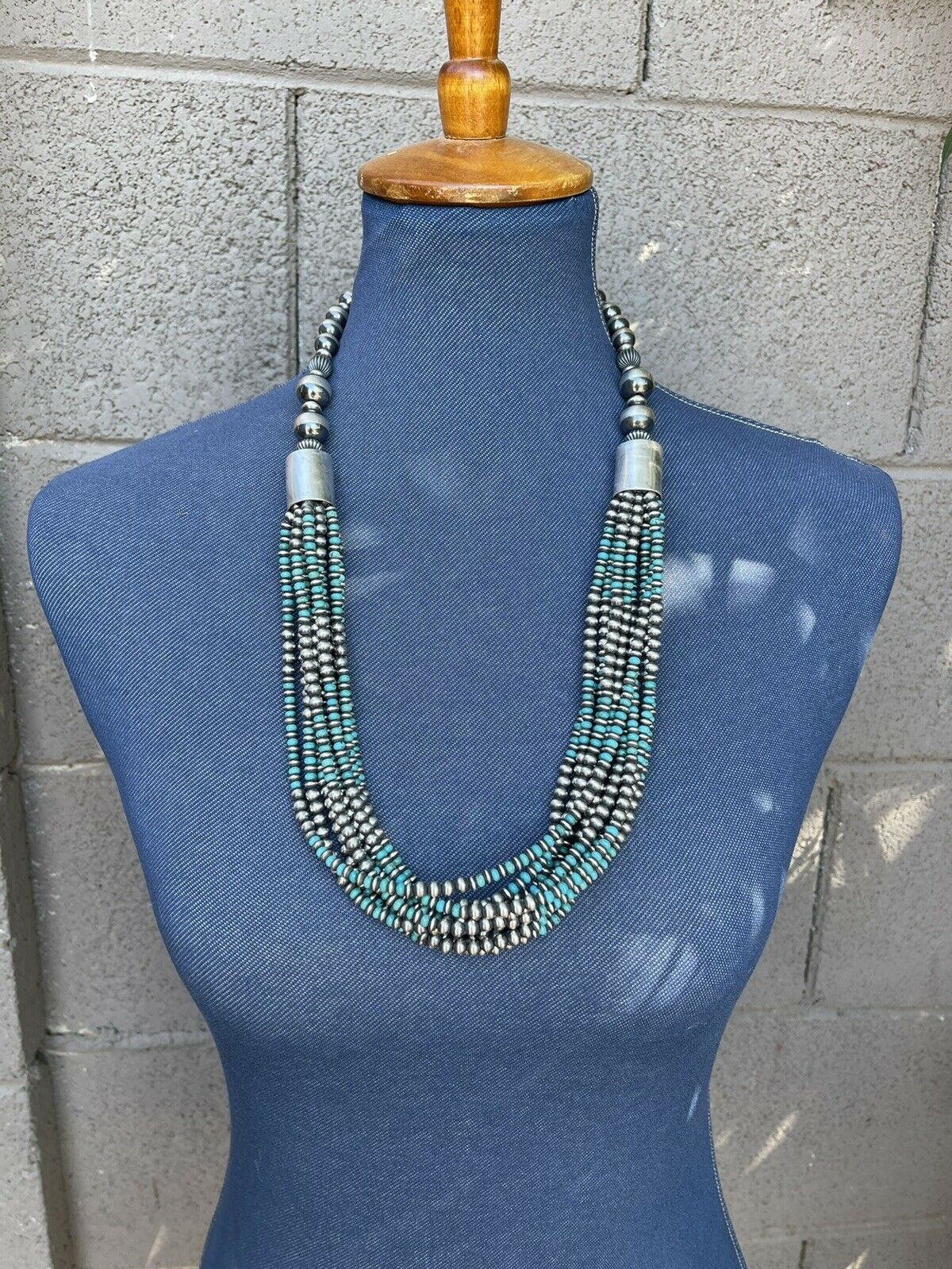 Navajo Sterling Silver & Turquoise Beaded 10 Strand Necklace