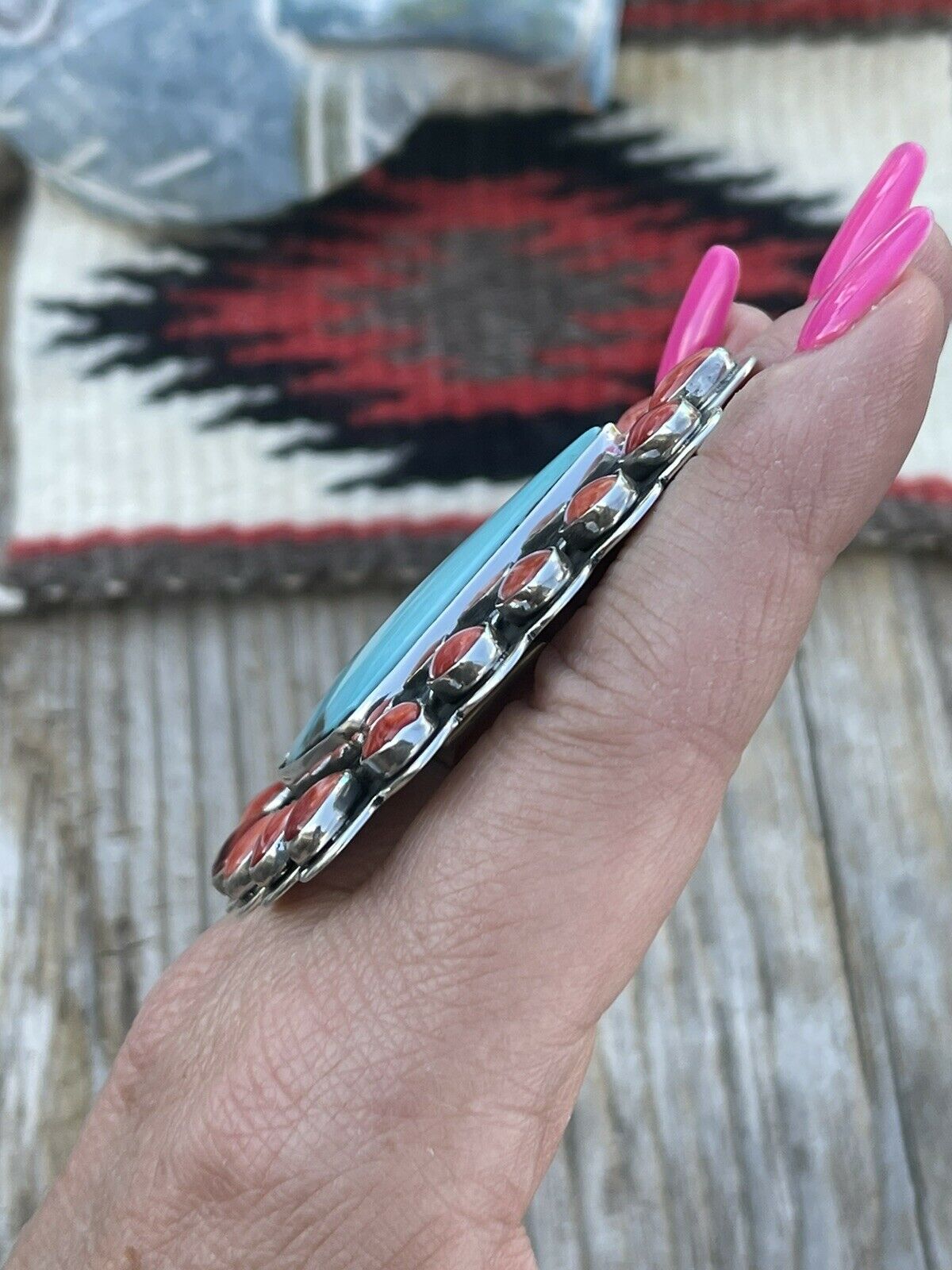 Navajo Cluster Fox Turquoise Spiny Sterling Silver Ring Sz Is Adjustable