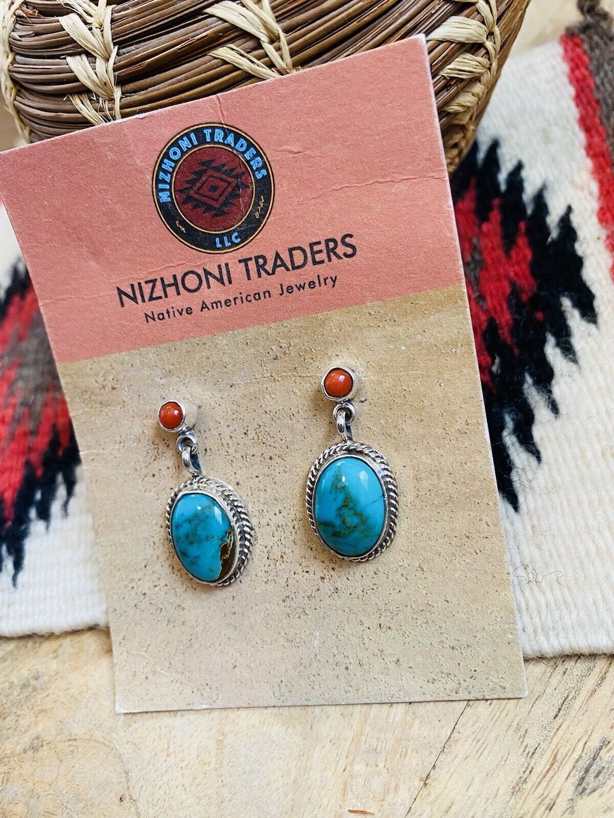 Navajo Turquoise, Coral & Sterling Silver Dangle Earrings