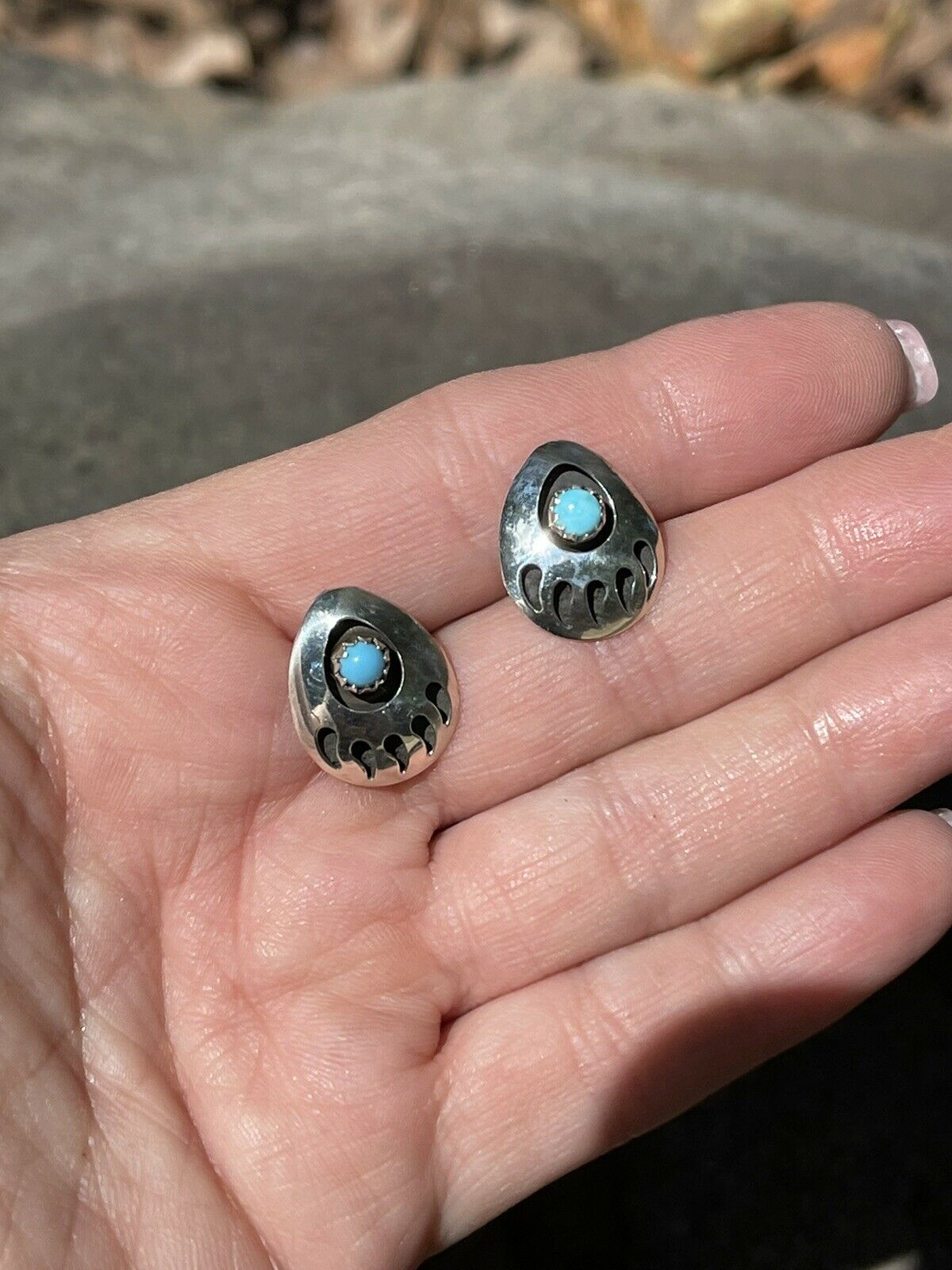 Navajo Sterling Silver And Turquoise Bear Paw Post Earrings