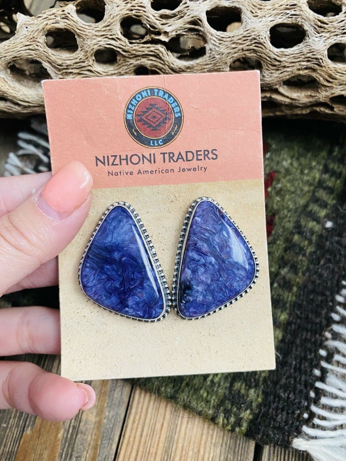 Navajo Charoite And Sterling Silver Post Earrings Signed