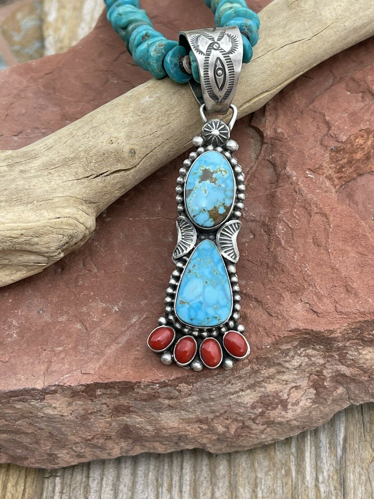 Navajo Sterling Kingman Web Turquoise & Red Coral Taos Pendant Danny Clark