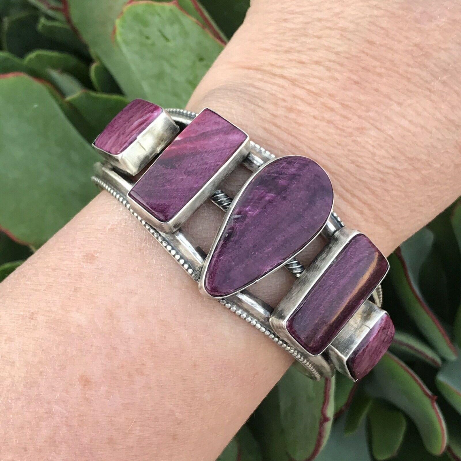 Purple Spiny Oyster & Sterling Silver Cuff Bracelet Signed