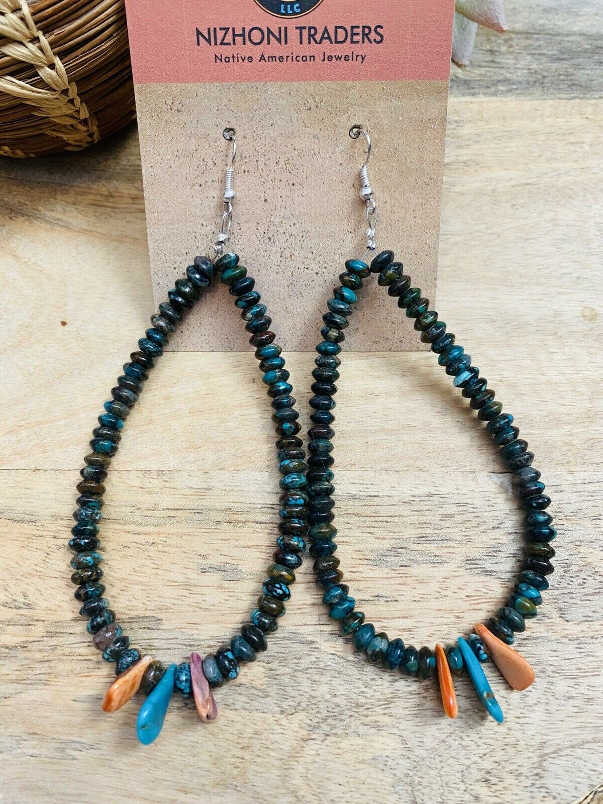 Navajo Turquoise & Spiny Oyster Beaded Dangle Hoop Earrings