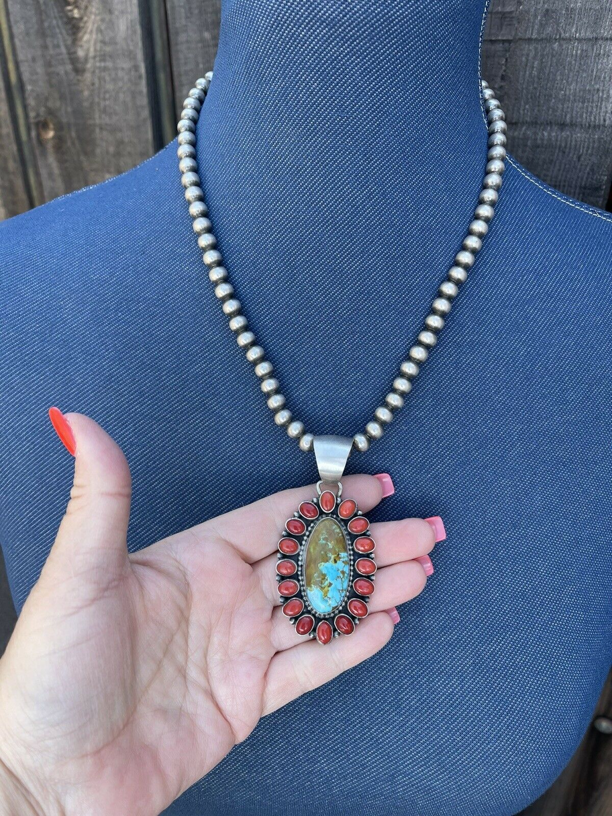 Navajo Sterling Silver Kingman Web Turquoise & Red Coral Taos Cluster Pendant