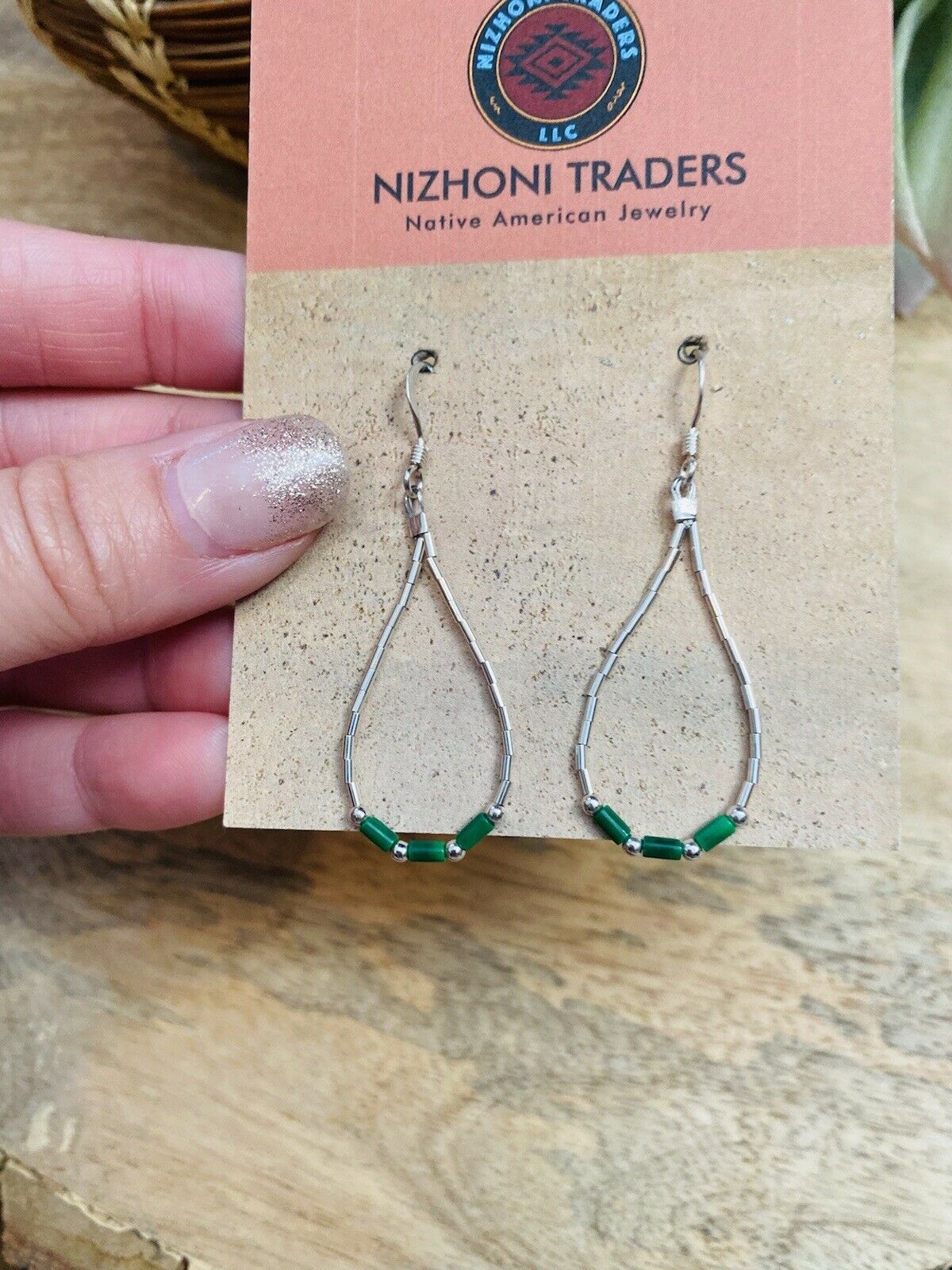 Navajo Sterling Liquid Silver & Malachite Beaded Dangle Earrings