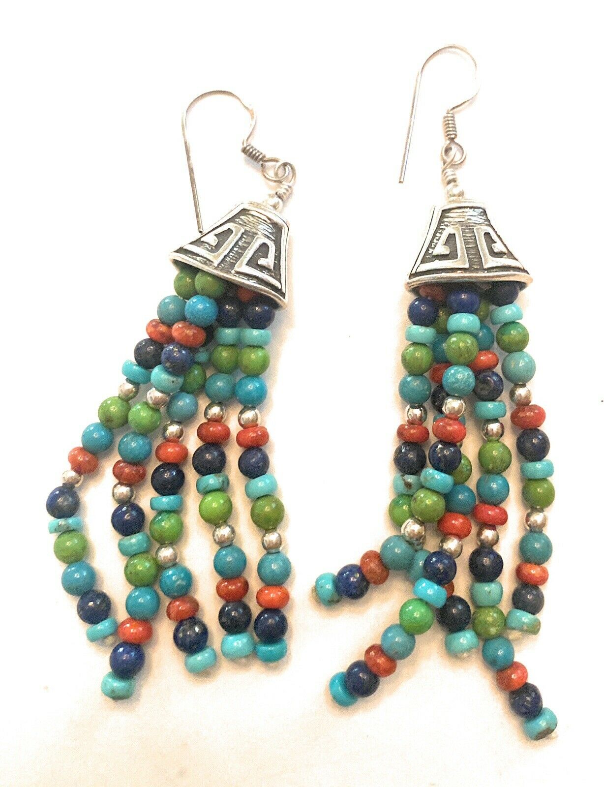 Navajo Sterling Silver Multi Stone Beaded Dangle Tassel Earrings