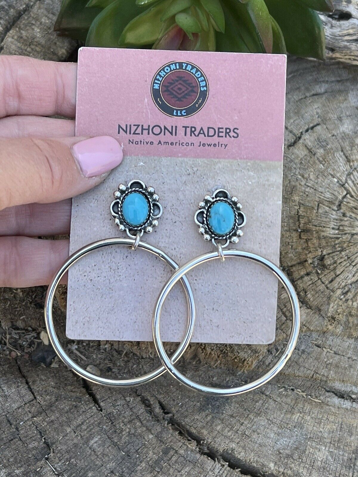 Navajo Turquoise & Sterling Silver Dangle Hoop Earrings