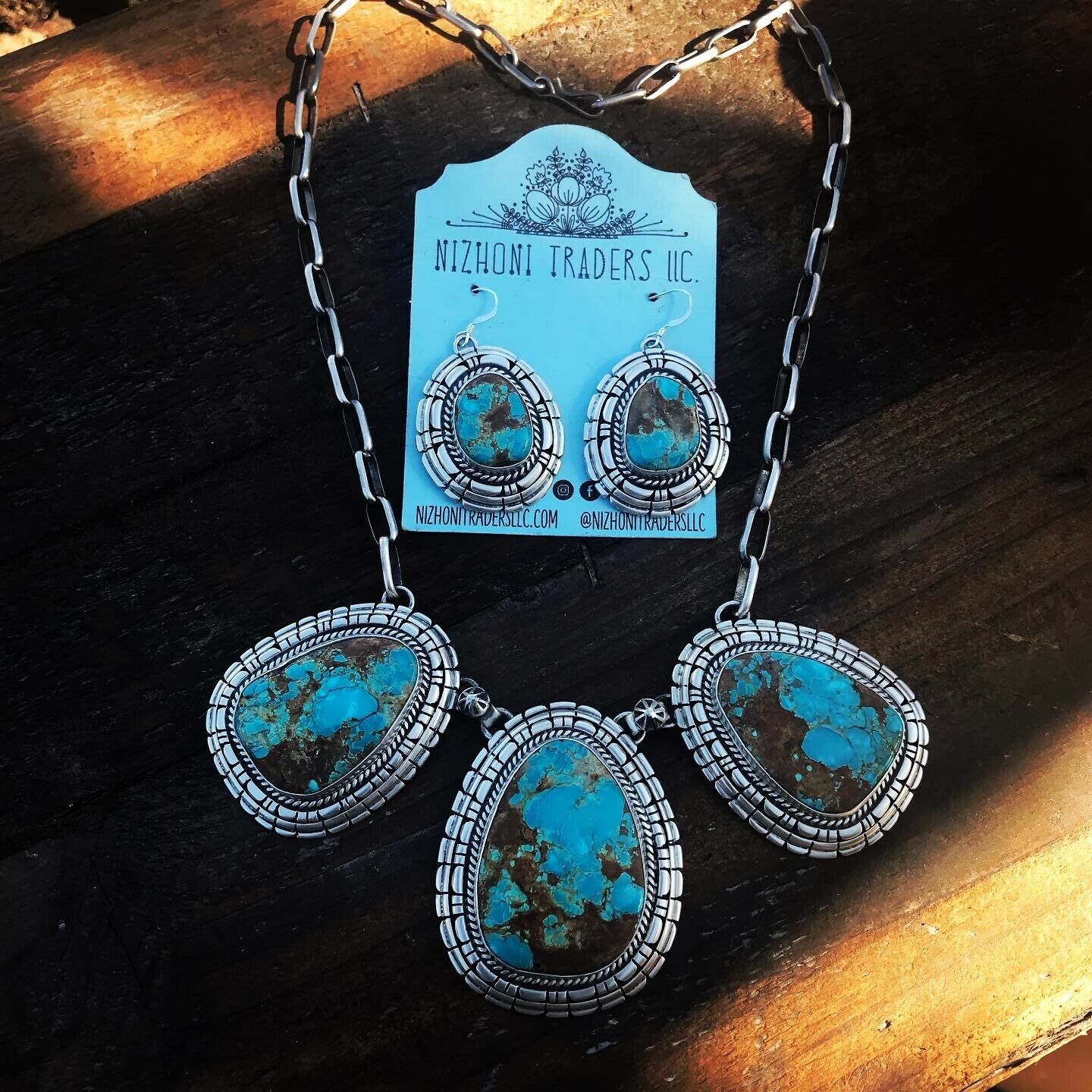 Navajo Pilot Mountain Turquoise Sterling Silver Necklace Set Signed And Stamped