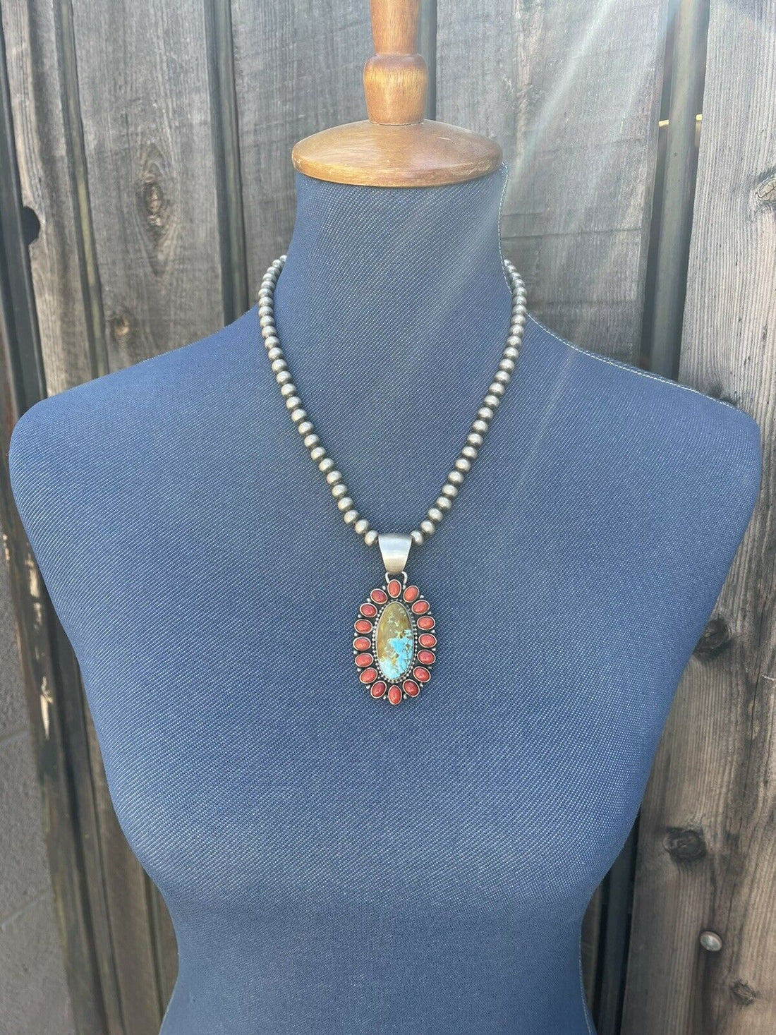 Handcrafted Sterling Silver Kingman Web Turquoise & Red Coral Taos Cluster Pendant