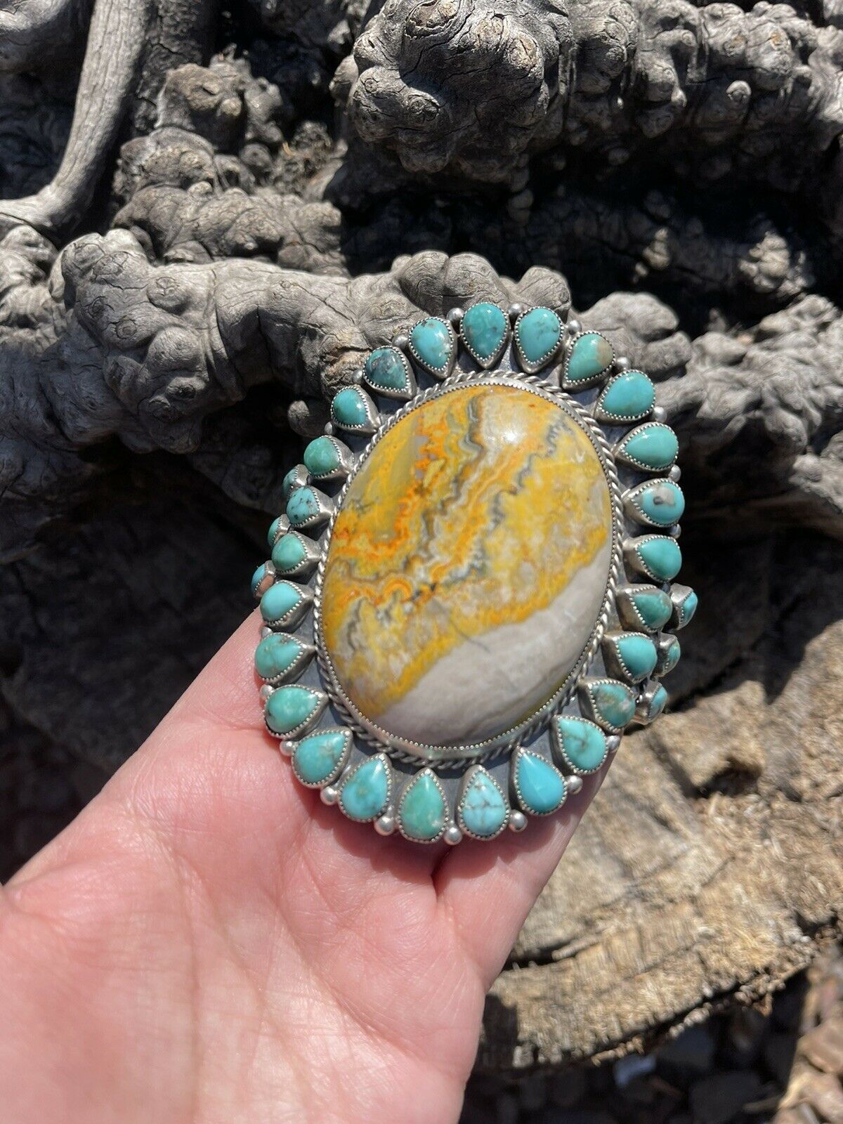 Navajo Sterling Silver Bumblebee Jasper & Turquoise Cluster Cuff Bracelet