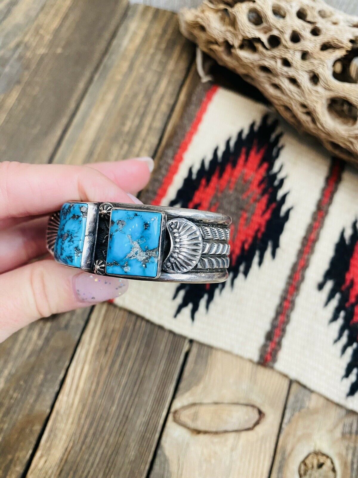 Vintage Navajo Turquoise & Sterling Silver Watch Cuff Signed