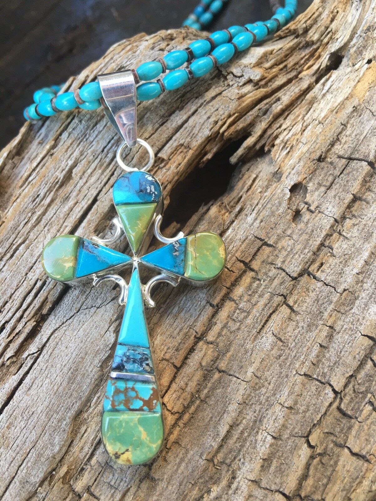 Navajo Multi Stone And Sterling Silver Two Sided Inlay Cross Pendant