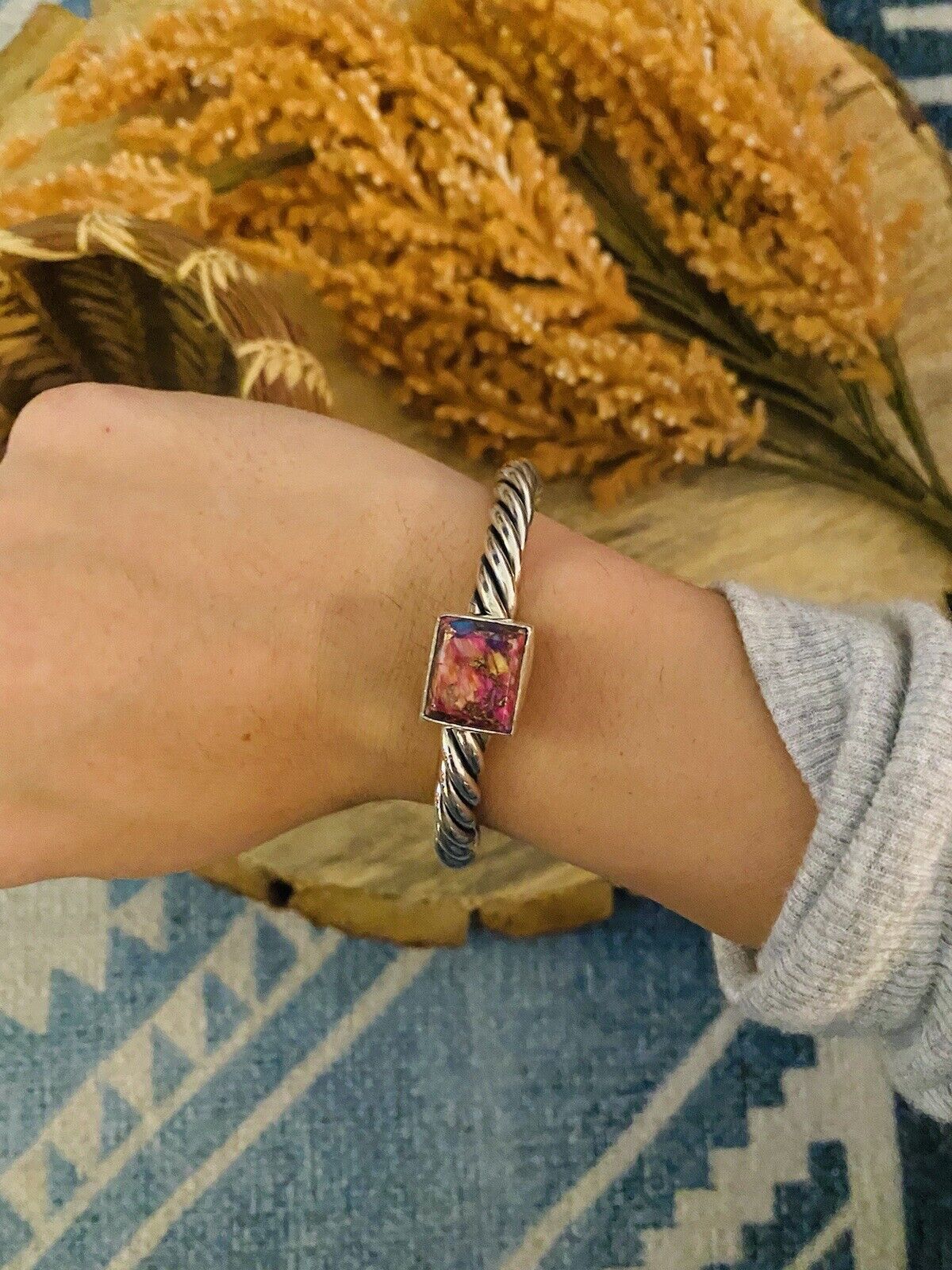 Navajo Pink Dream Mohave square & Sterling Silver Square Cuff Bracelet